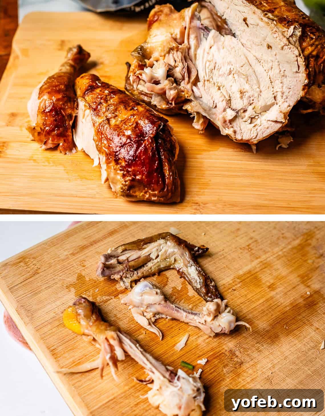 No-Fuss Chicken Tortilla Soup 15 top: rotisserie chicken cut in half, bottom: stripped chicken bones on cutting board.