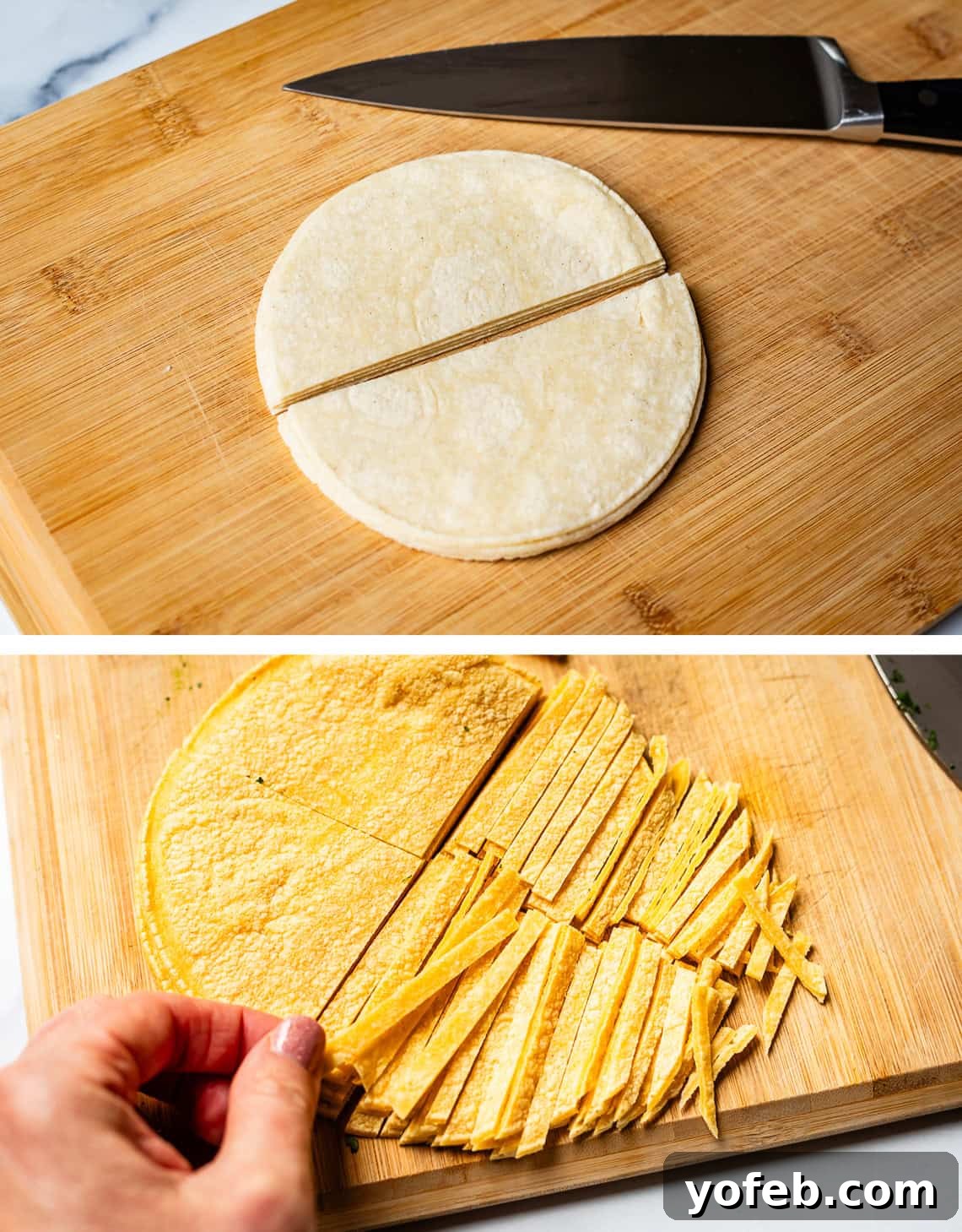 No-Fuss Chicken Tortilla Soup 16 top: corn tortillas cut in half, bottom: slicing the halves into thin strips.