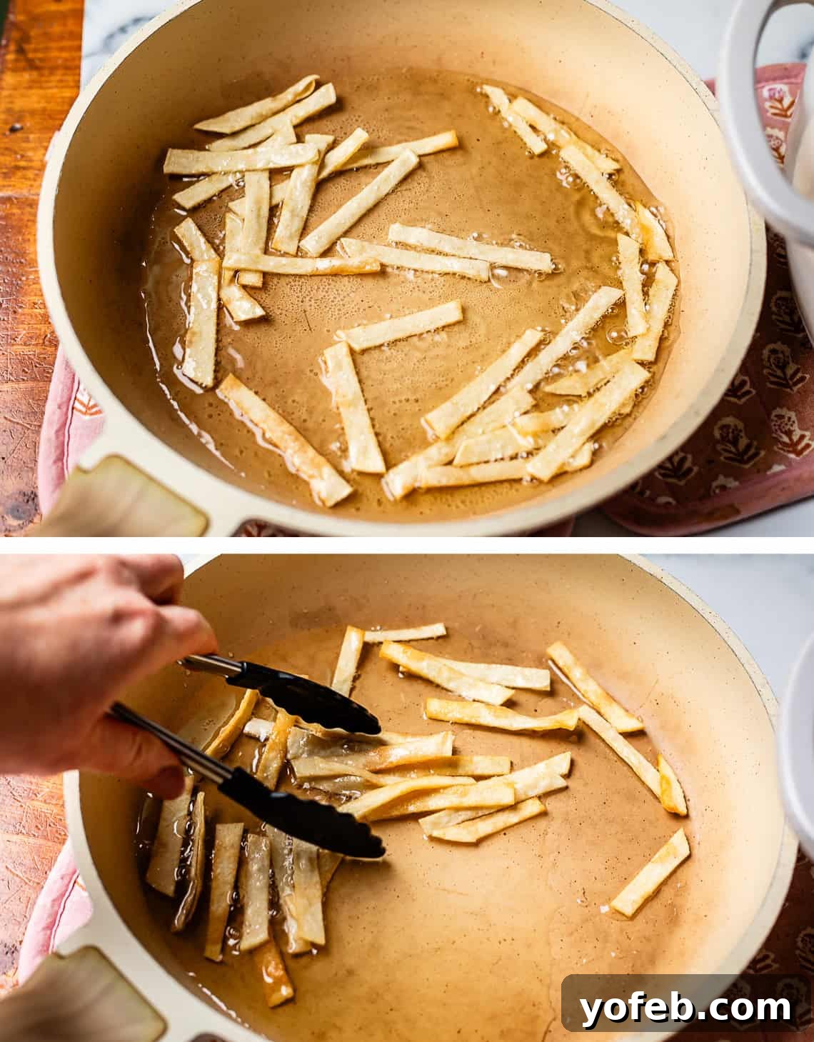 No-Fuss Chicken Tortilla Soup 17 top: strips frying in oil in a pan, bottom: hand with tongs flipping the strips.