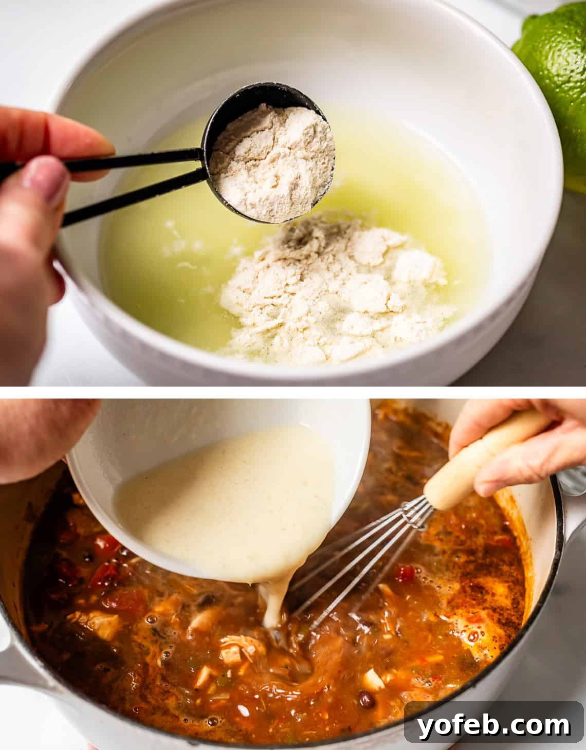 No-Fuss Chicken Tortilla Soup 20 top: masa added to lime juice in a bowl, bottom: pouring that mixture into the soup.