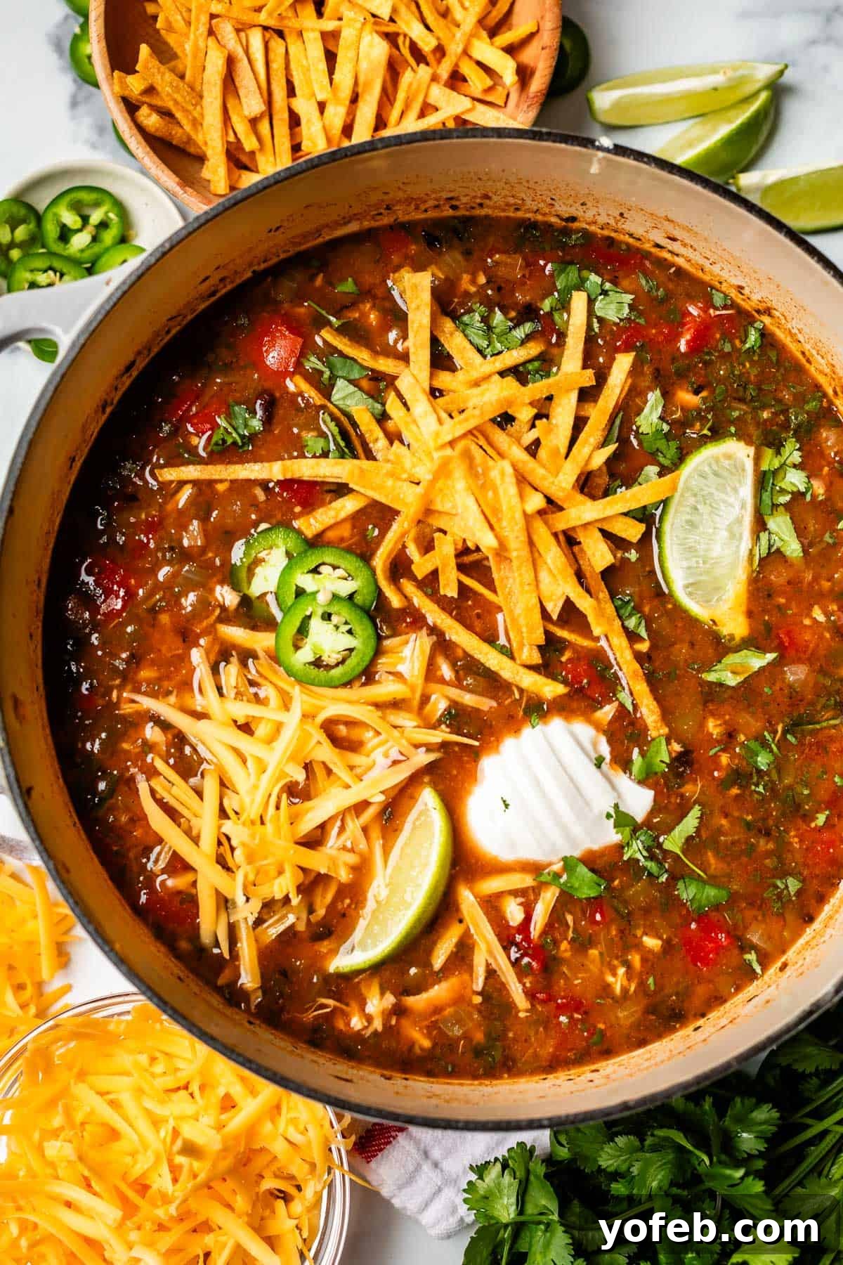 No-Fuss Chicken Tortilla Soup 3 bowl of soup with tortilla strip, cheese, lime, and jalapeno garnish.