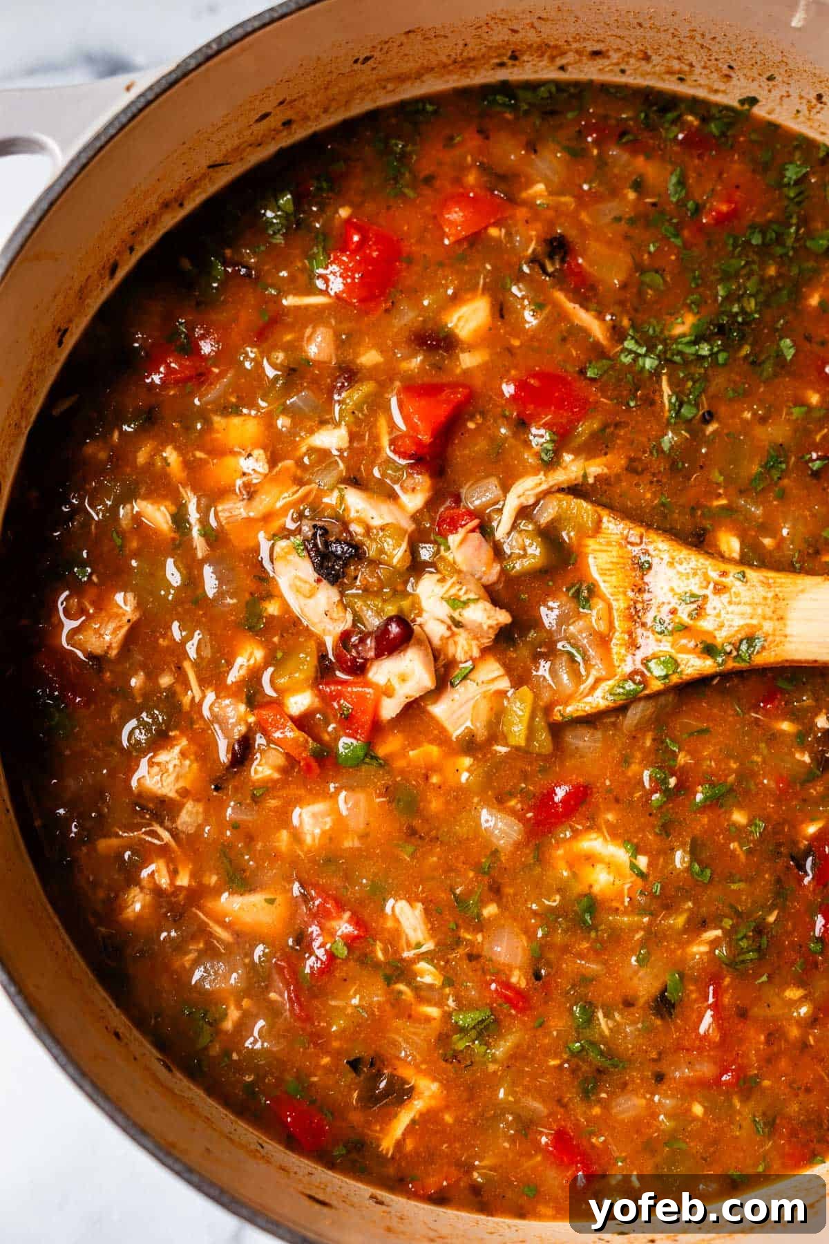 No-Fuss Chicken Tortilla Soup 21 looking down into a finished pot of chicken tortilla soup with a wooden spoon in it.