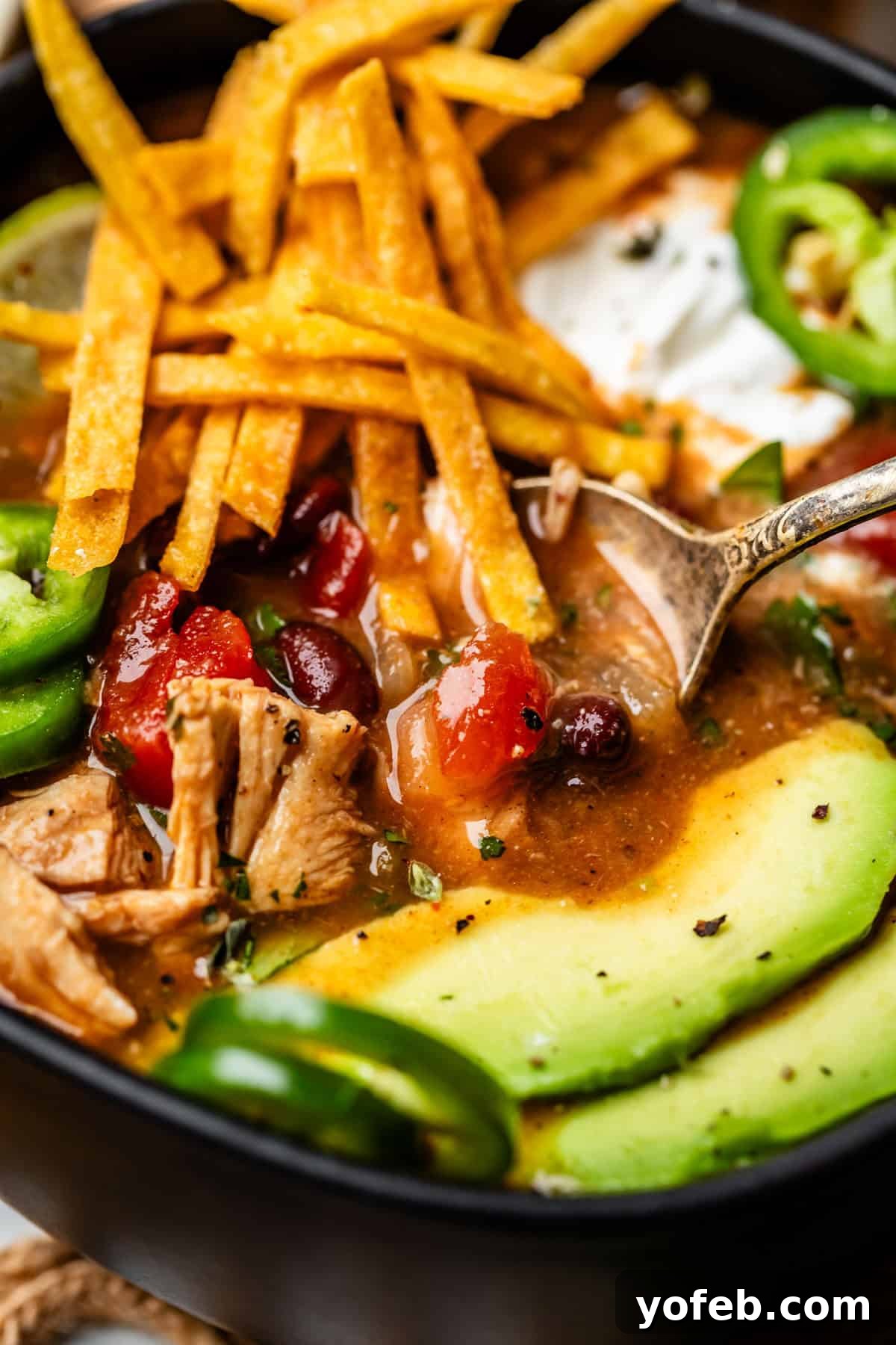 No-Fuss Chicken Tortilla Soup 23 close up of a metal spoon dipping into a bowl of chicken tortilla soup with toppings.
