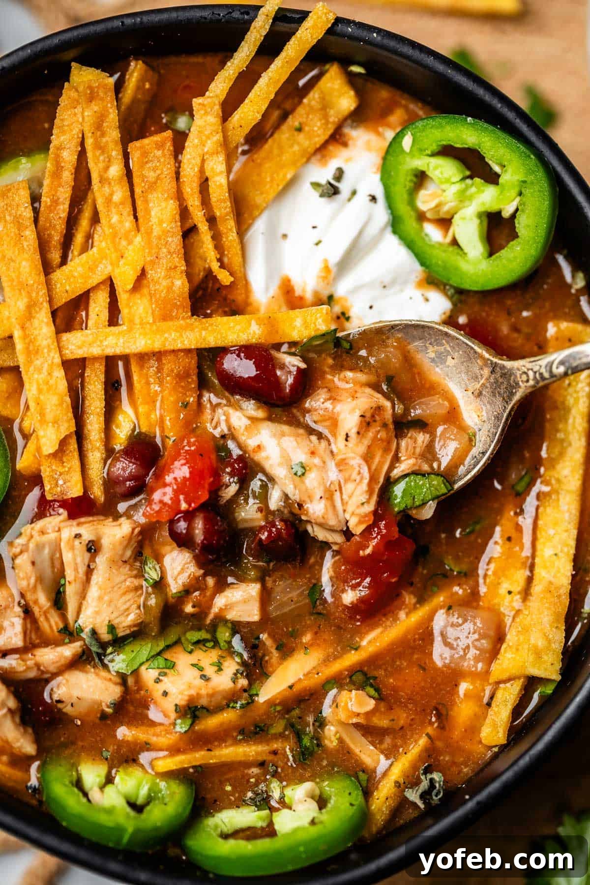 No-Fuss Chicken Tortilla Soup 26 spoon lifting up a bite of chicken filled soup, with fried tortilla and other toppings.