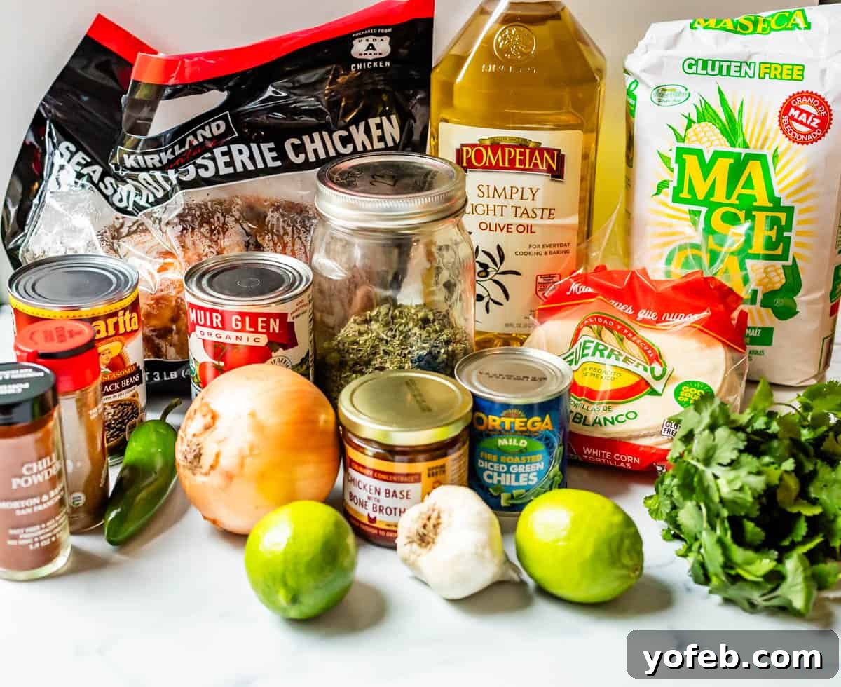 No-Fuss Chicken Tortilla Soup 9 photo of the ingredients for chicken tortilla soup with things like chicken, maseca, and more.
