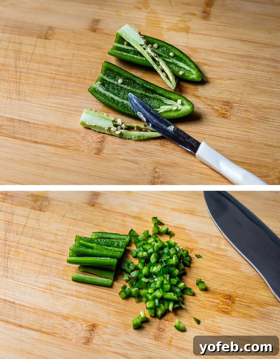 No-Fuss Chicken Tortilla Soup 10 top: cutting seeds and membranes from jalapenos, bottom: dicing a jalapeno.