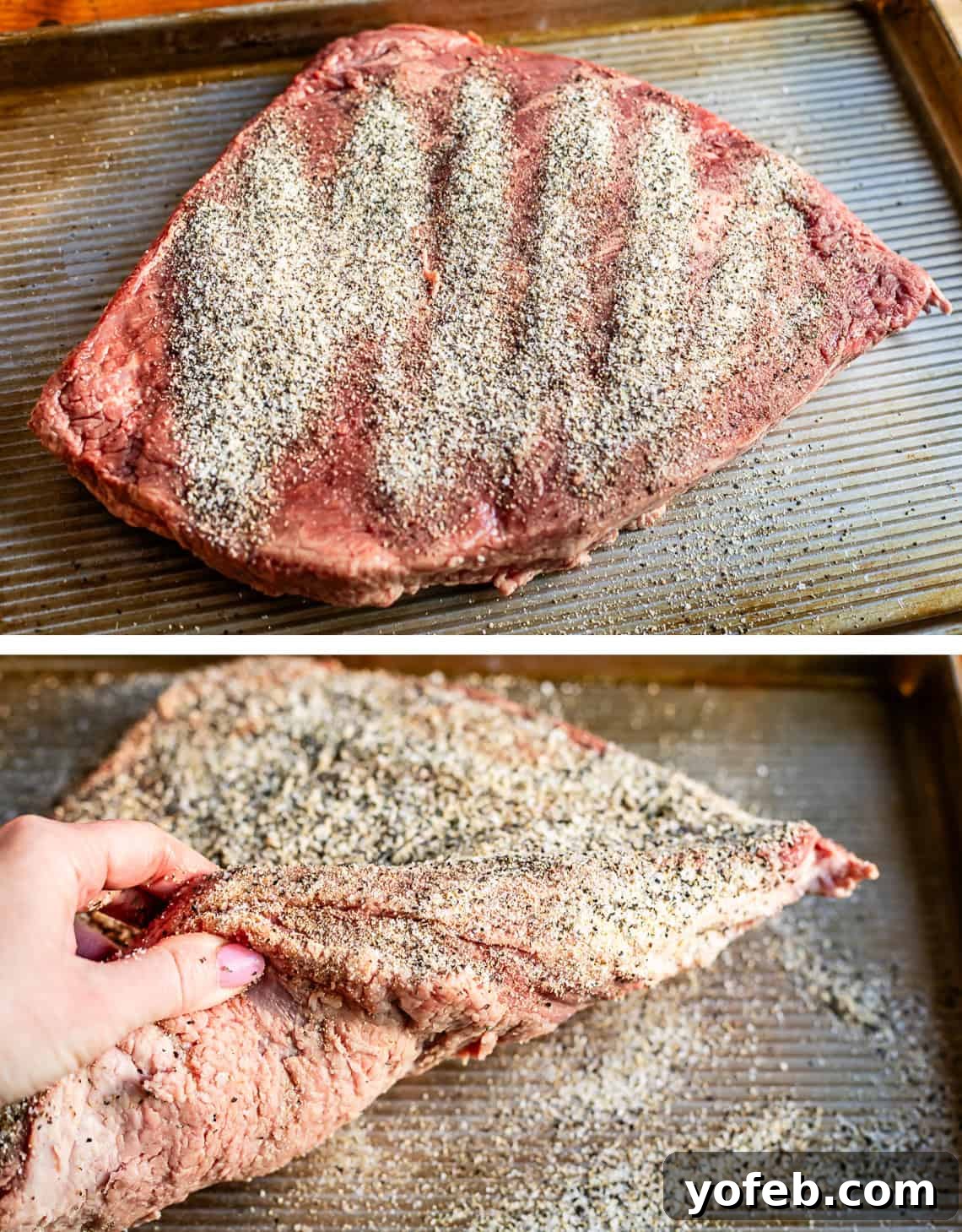 Texas Brisket: Oven-Perfected Tenderness 15 top: dry brine sprinkled over top the brisket, bottom: hand moving brisket to get brine everywhere.