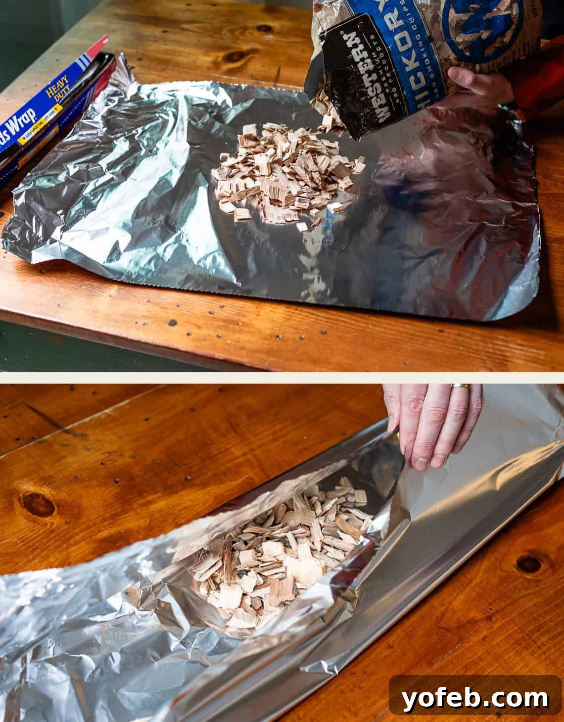 Texas Brisket: Oven-Perfected Tenderness 17 top: hickory wood chips pouring from a bag onto foil, bottom: pulling tops over to make pouch.