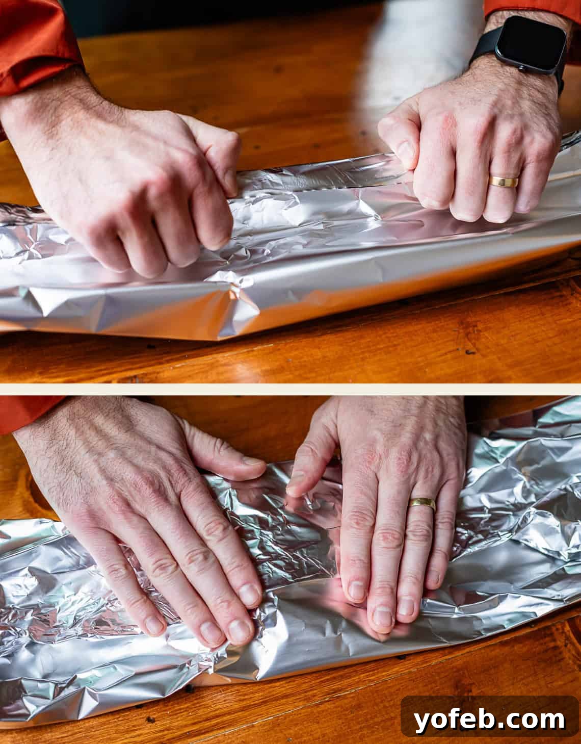 Texas Brisket: Oven-Perfected Tenderness 18 hands folding aluminum foil around hickory wood chips to make a smoking pouch.