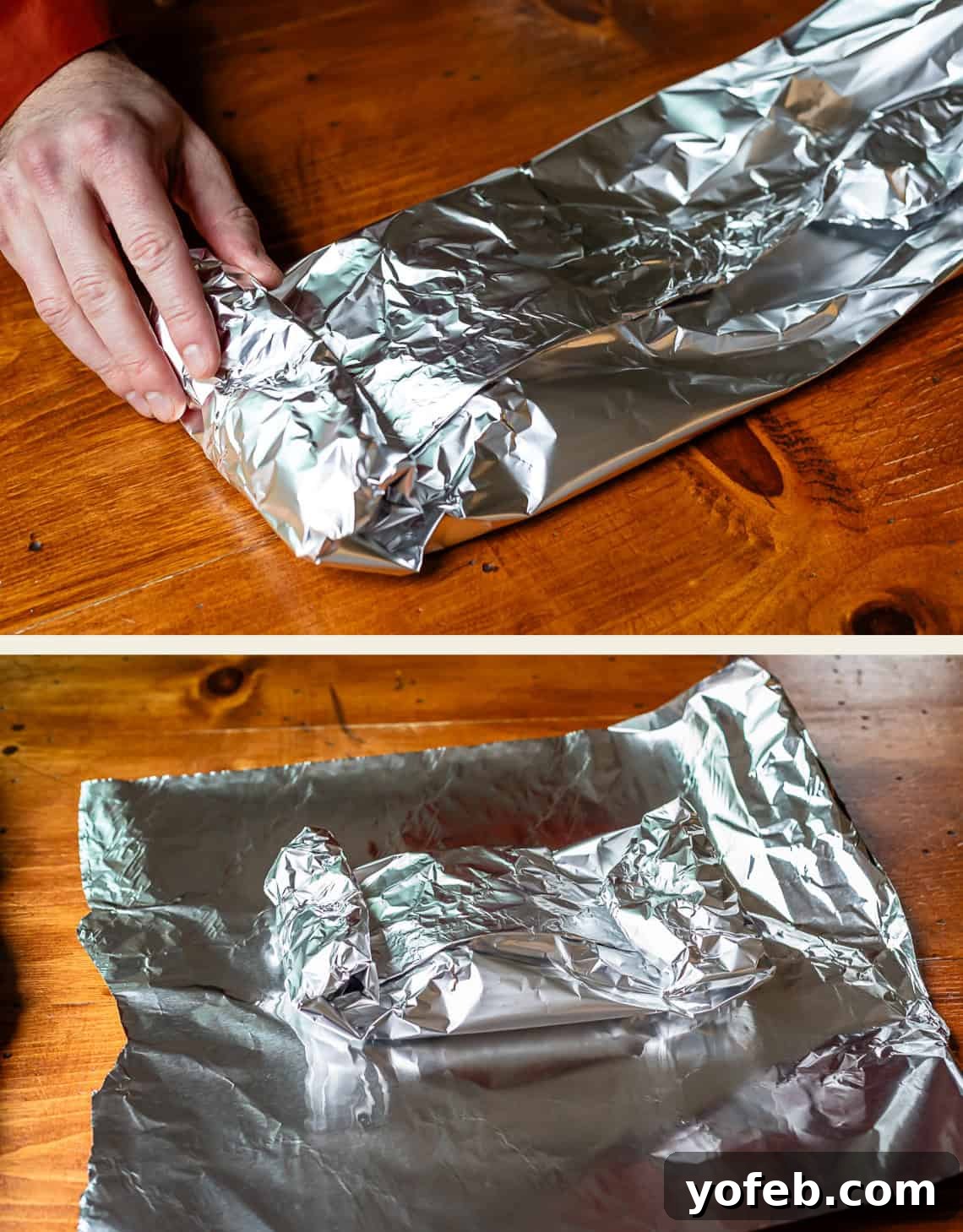 Texas Brisket: Oven-Perfected Tenderness 19 hands folding aluminum foil around hickory wood chips to make a smoking pouch.