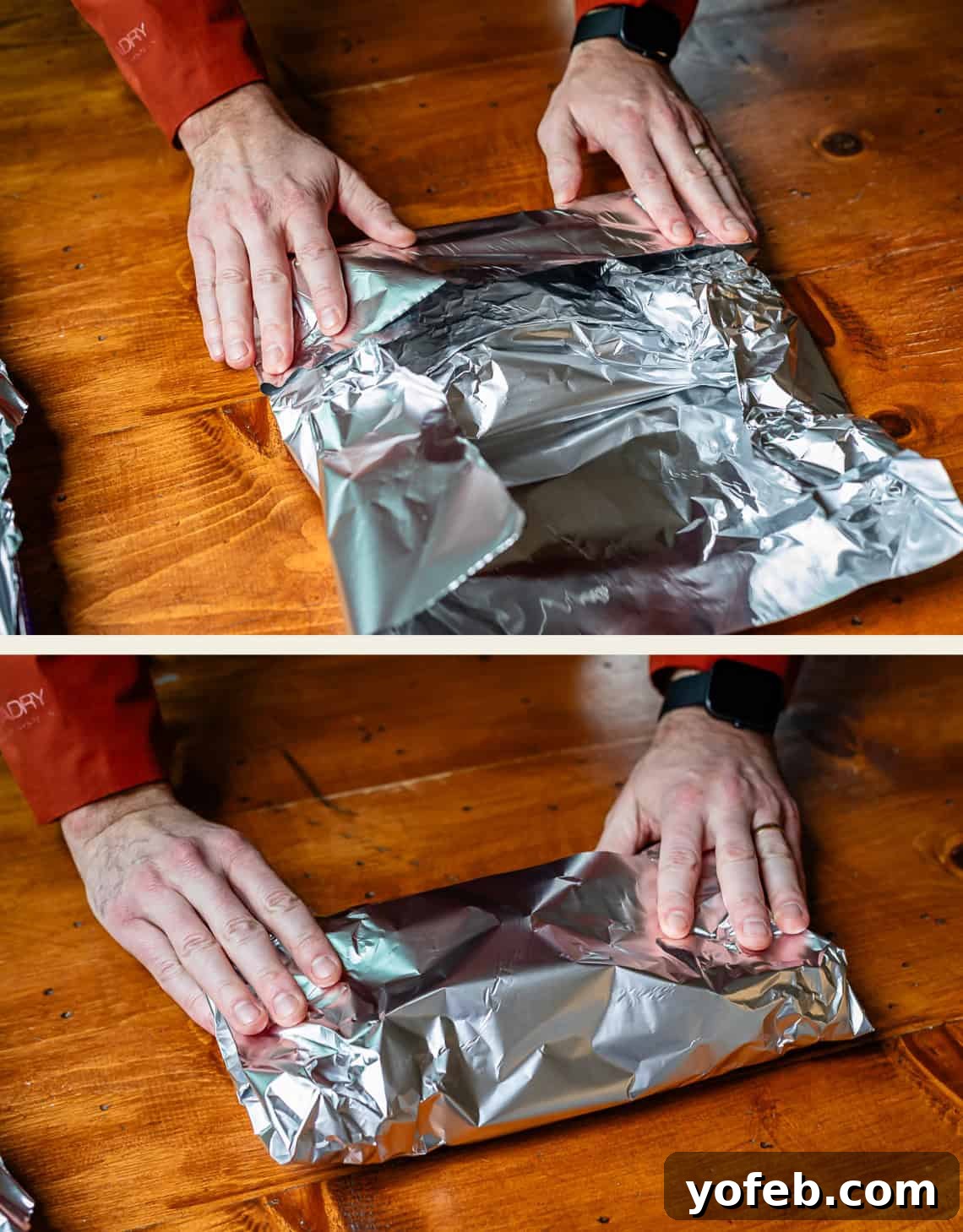 Texas Brisket: Oven-Perfected Tenderness 20 hands folding aluminum foil around hickory wood chips to make a smoking pouch.