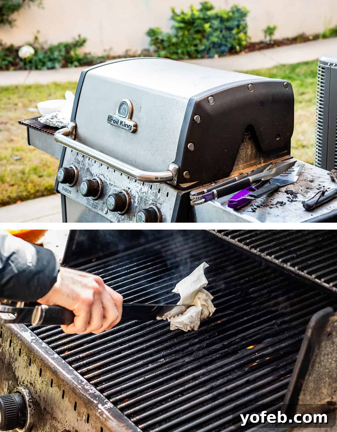 Texas Brisket: Oven-Perfected Tenderness 22 top: gas grill, bottom: tongs with an oil dampened paper towel greasing grate.