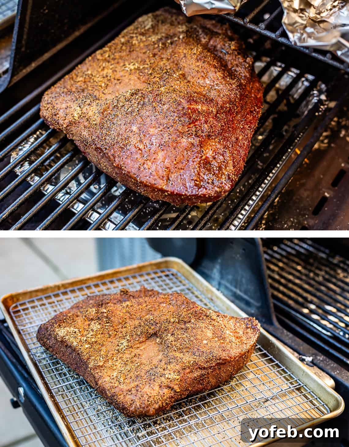 Texas Brisket: Oven-Perfected Tenderness 25 top: brisket sitting on grill grate, bottom: brisket removed to rack on baking sheet.