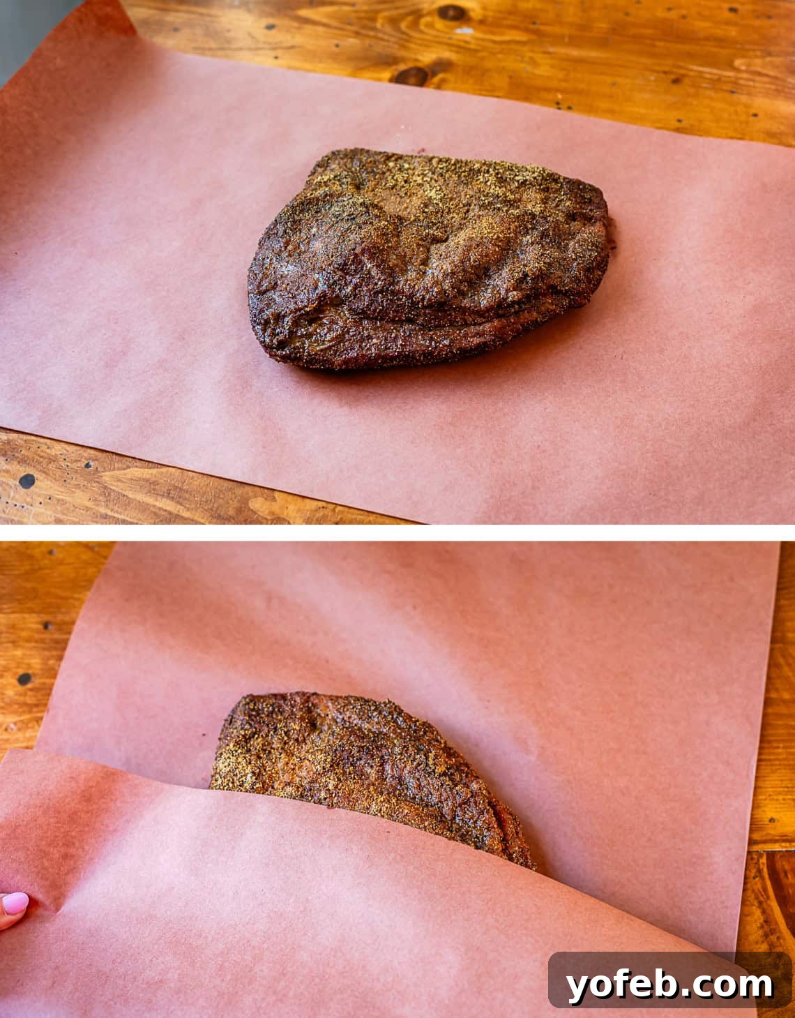 Texas Brisket: Oven-Perfected Tenderness 26 top: smoked brisket sitting on butcher paper to be wrapped, bottom: first fold of paper over brisket.