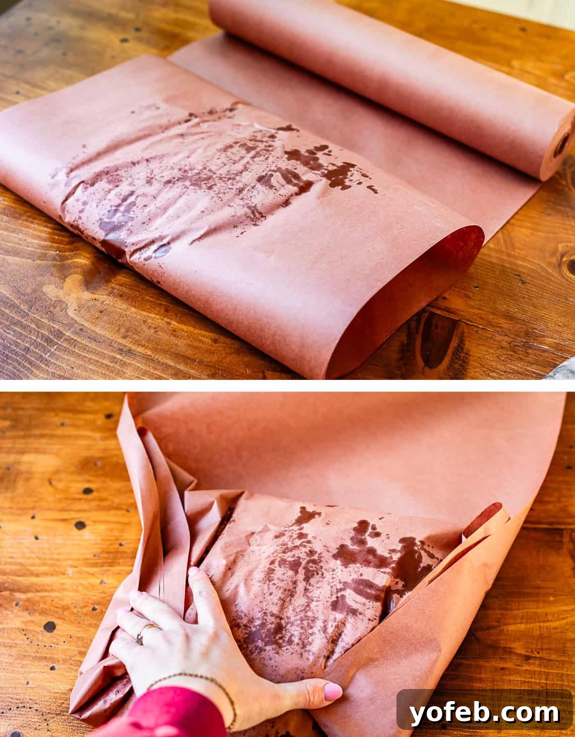 Texas Brisket: Oven-Perfected Tenderness 27 top and bottom: hands showing how to wrap the smoked brisket in butcher paper for the oven.