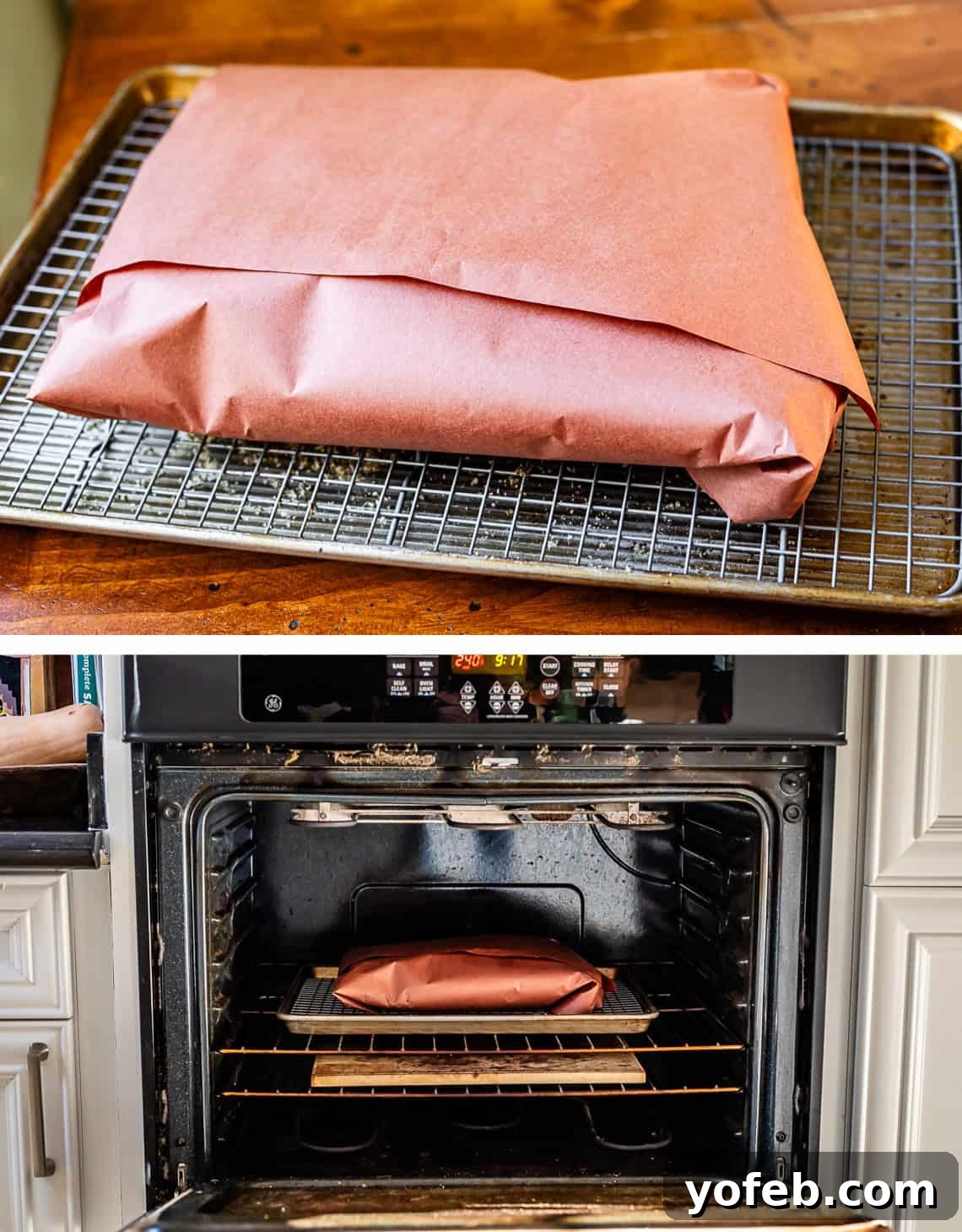 Texas Brisket: Oven-Perfected Tenderness 28 top: fully wrapped brisket on rack on sheetpan, bottom: pan on rack in lower two thirds of oven.