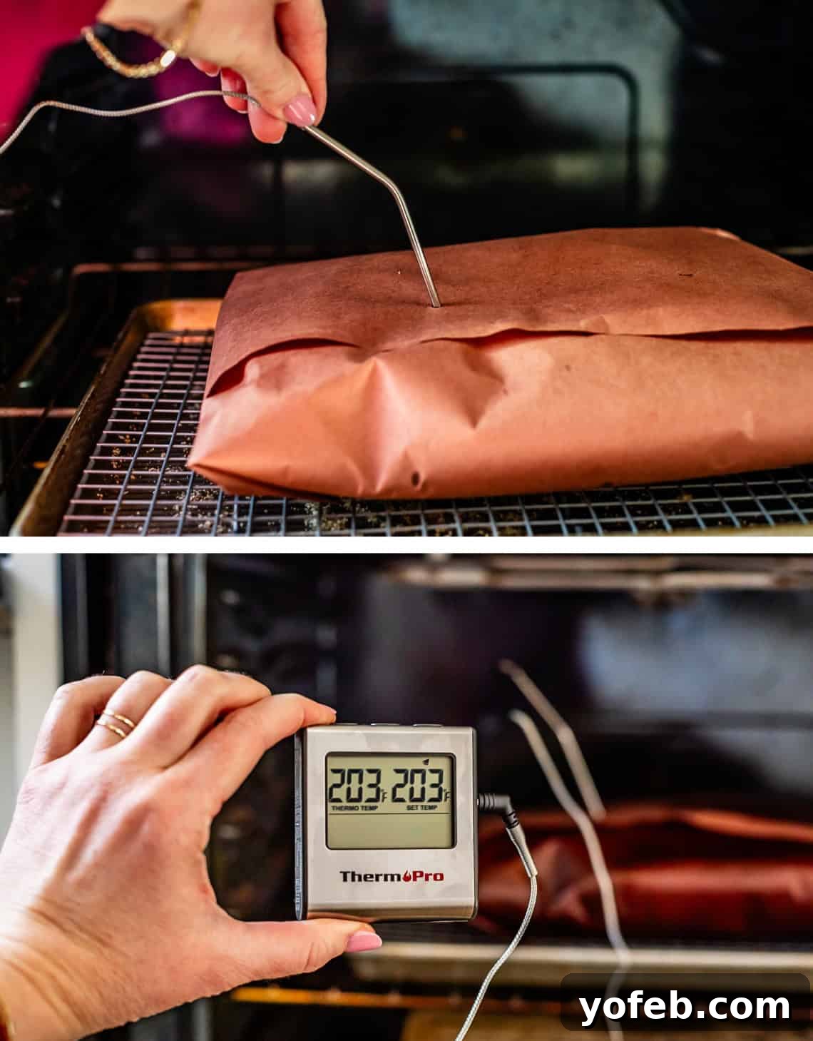 Texas Brisket: Oven-Perfected Tenderness 29 top: hand inserting a thermometer probe into paper wrapped brisket, bottom showing 203 degrees.