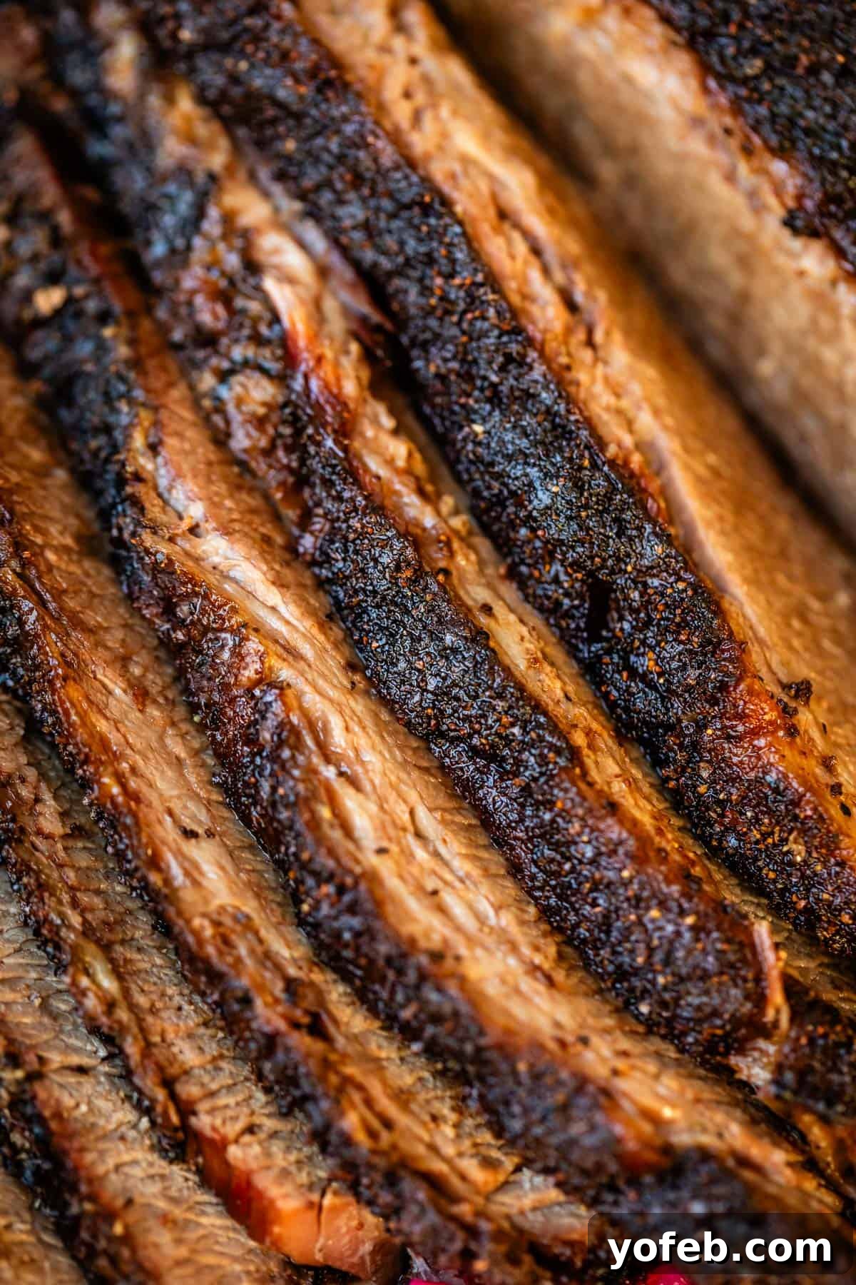 Texas Brisket: Oven-Perfected Tenderness 8 Laid out slices of beef brisket with seared fat-cap close up.