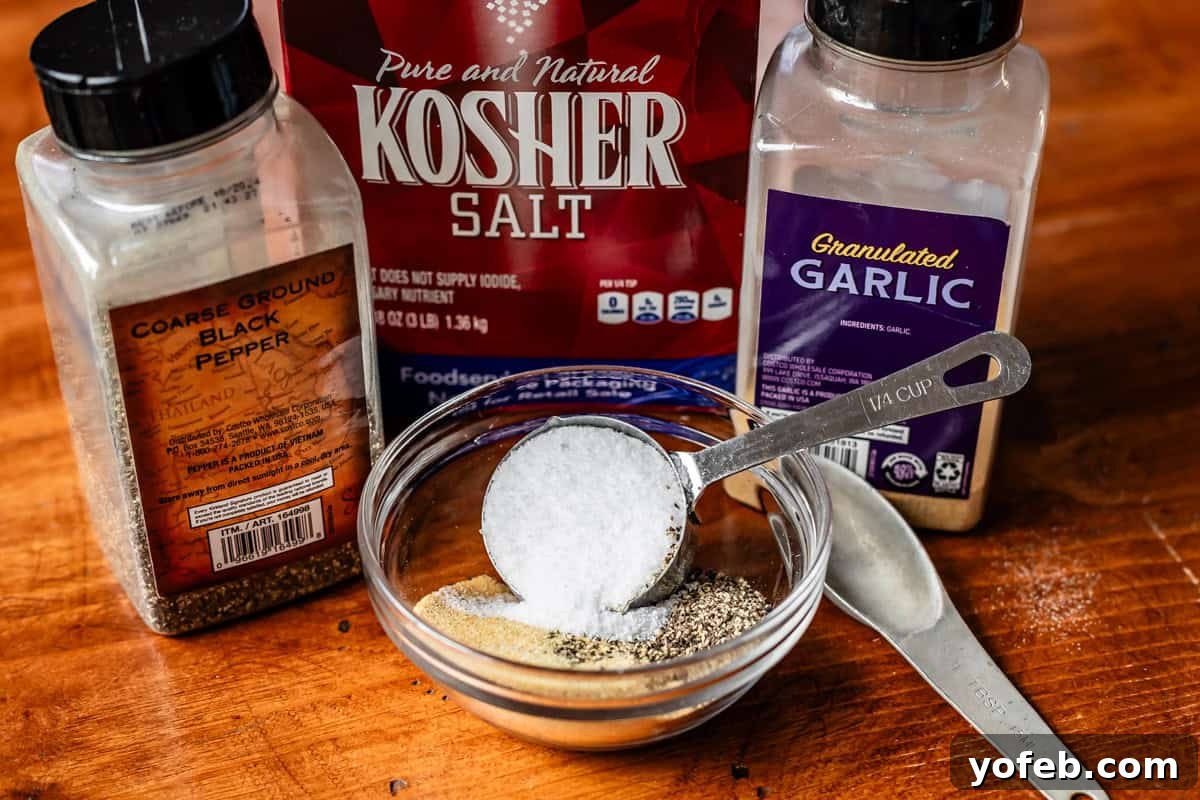 Texas Brisket: Oven-Perfected Tenderness 9 ingredients picture for dry brine - kosher salt, coarse black pepper, granulated garlic.