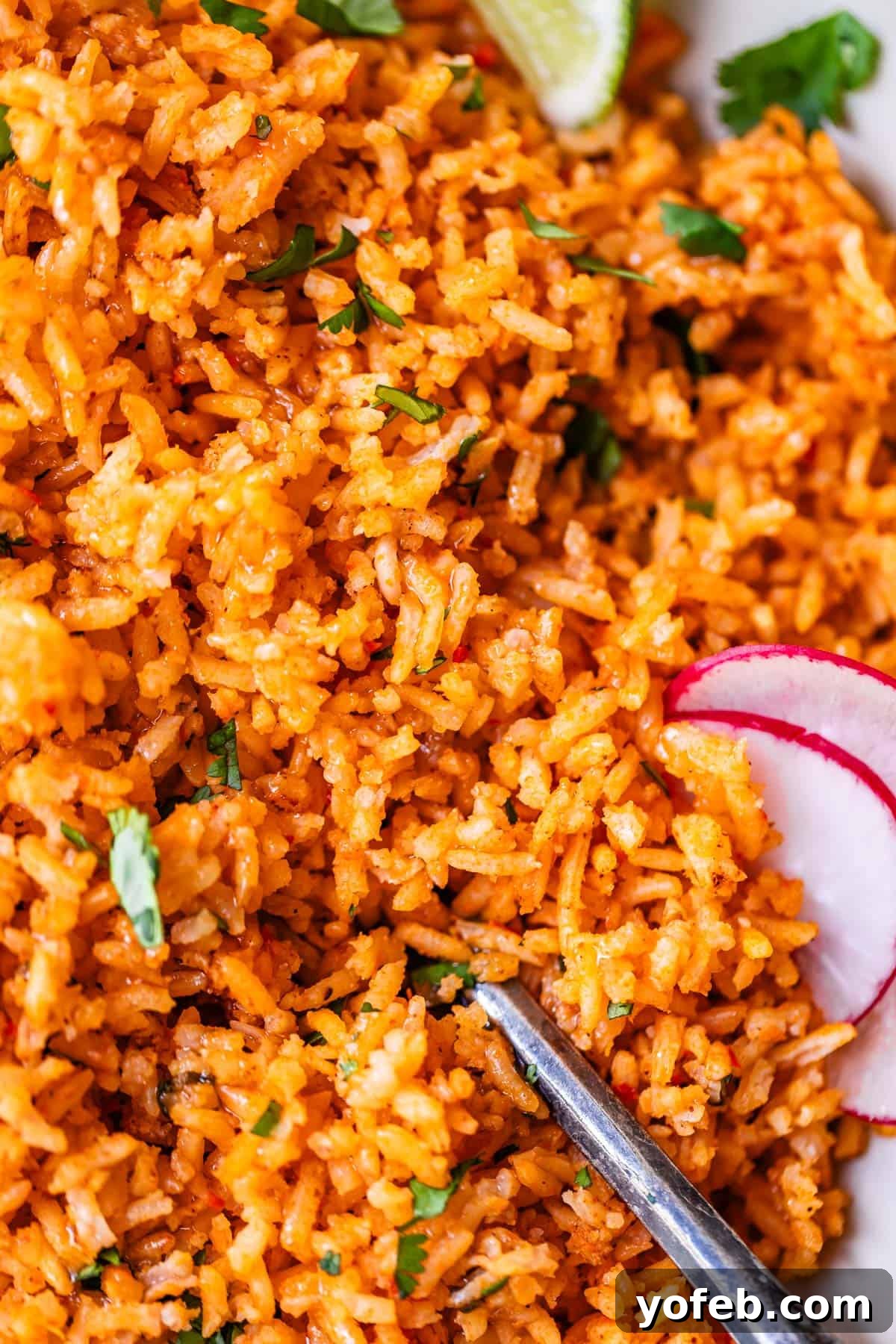 The Ultimate Homemade Mexican Rice 13 looking straight down view at a large amount of Mexican rice with radish and lime garnish.