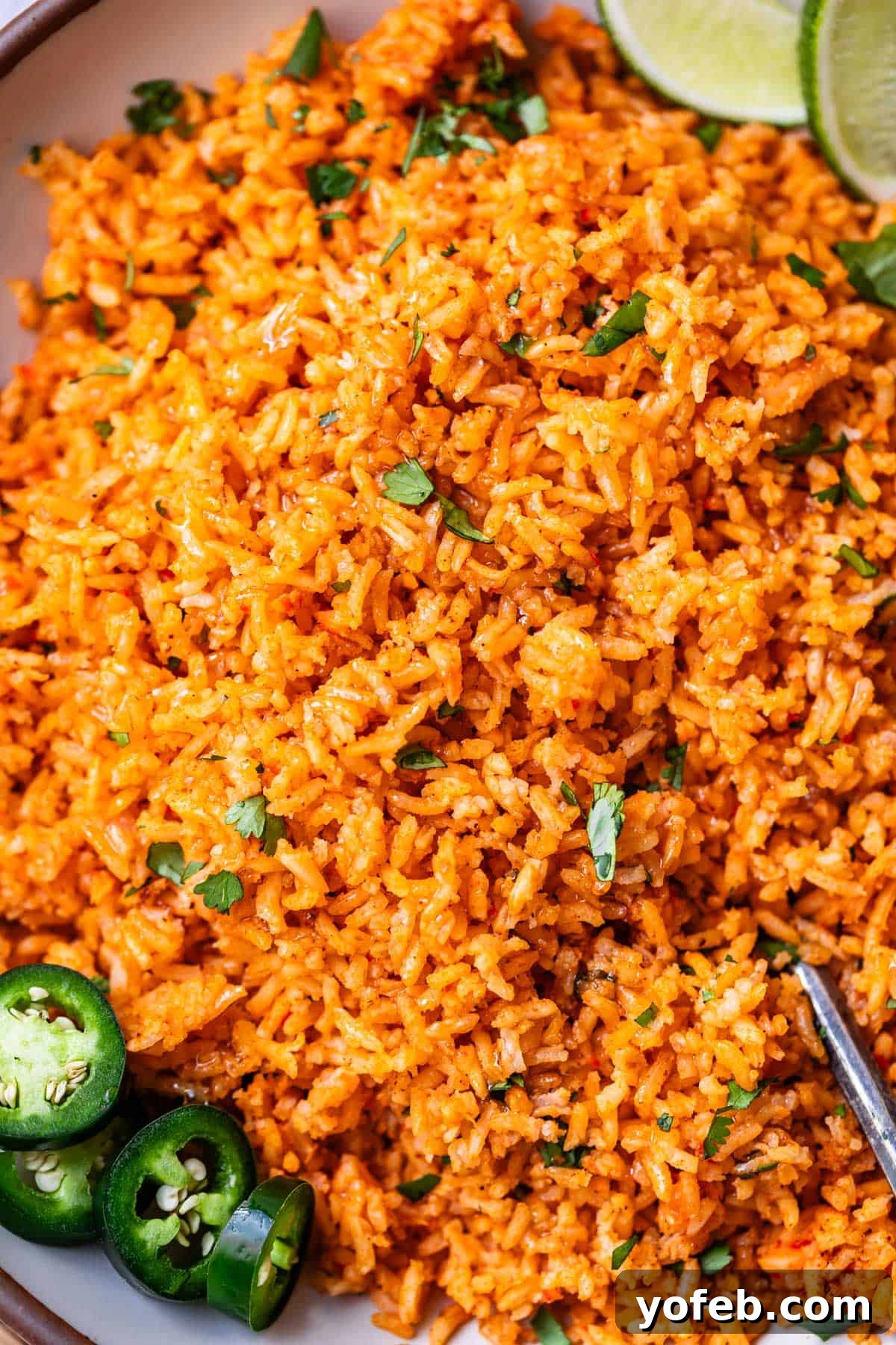 The Ultimate Homemade Mexican Rice 15 a spoon in a serving platter filled with Mexican rice and jalapeno and cilantro garnish.