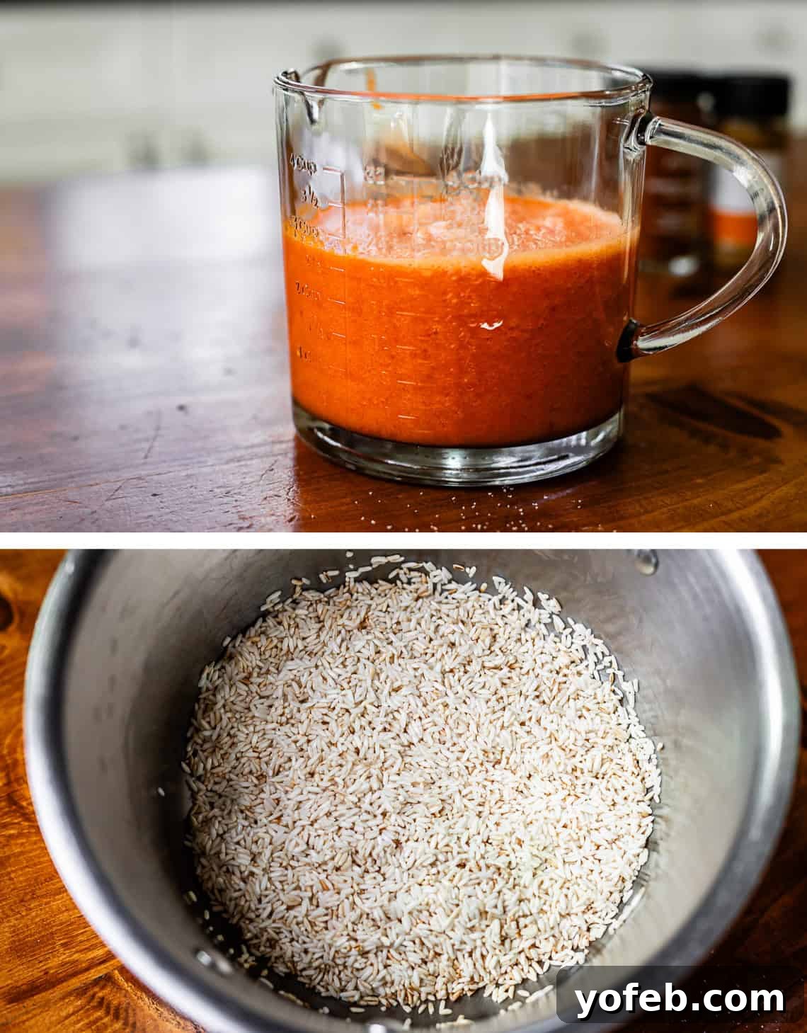 The Ultimate Homemade Mexican Rice 8 top: sauce in glass measuring cup, bottom, toasted rice in metal pot.