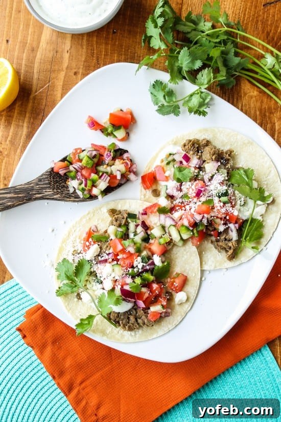 Zesty Greek Lentil Tacos with Cool Cucumber Pico 6 A close-up shot of the fresh and colorful Cucumber Pico de Gallo ingredients.