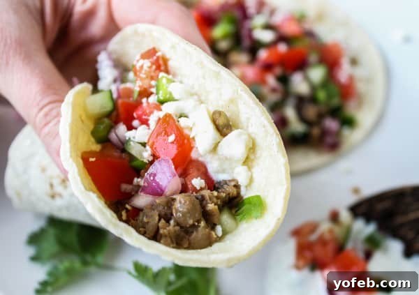 Zesty Greek Lentil Tacos with Cool Cucumber Pico 7 A colorful plate of Greek Lentil Tacos with fresh cucumber pico de gallo and yogurt sauce.
