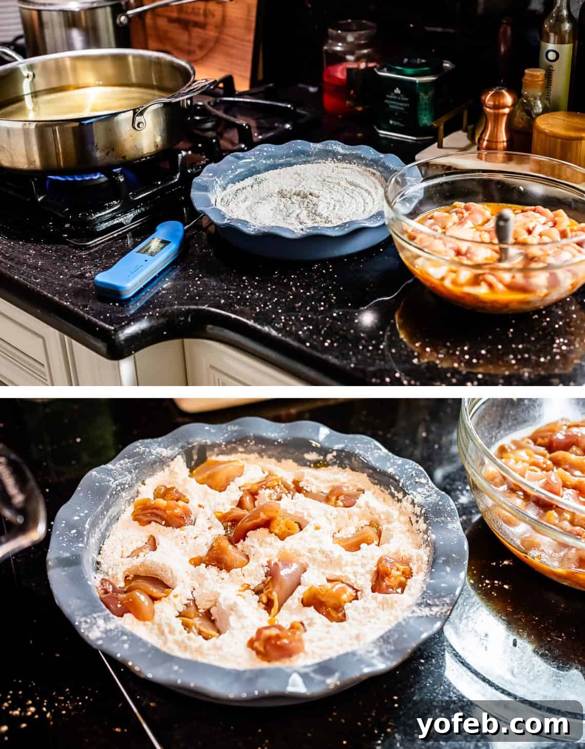Ultimate Orange Chicken 11 Top image shows the organized assembly line for coating and frying chicken pieces. Bottom image shows chicken being coated in the flour mixture.