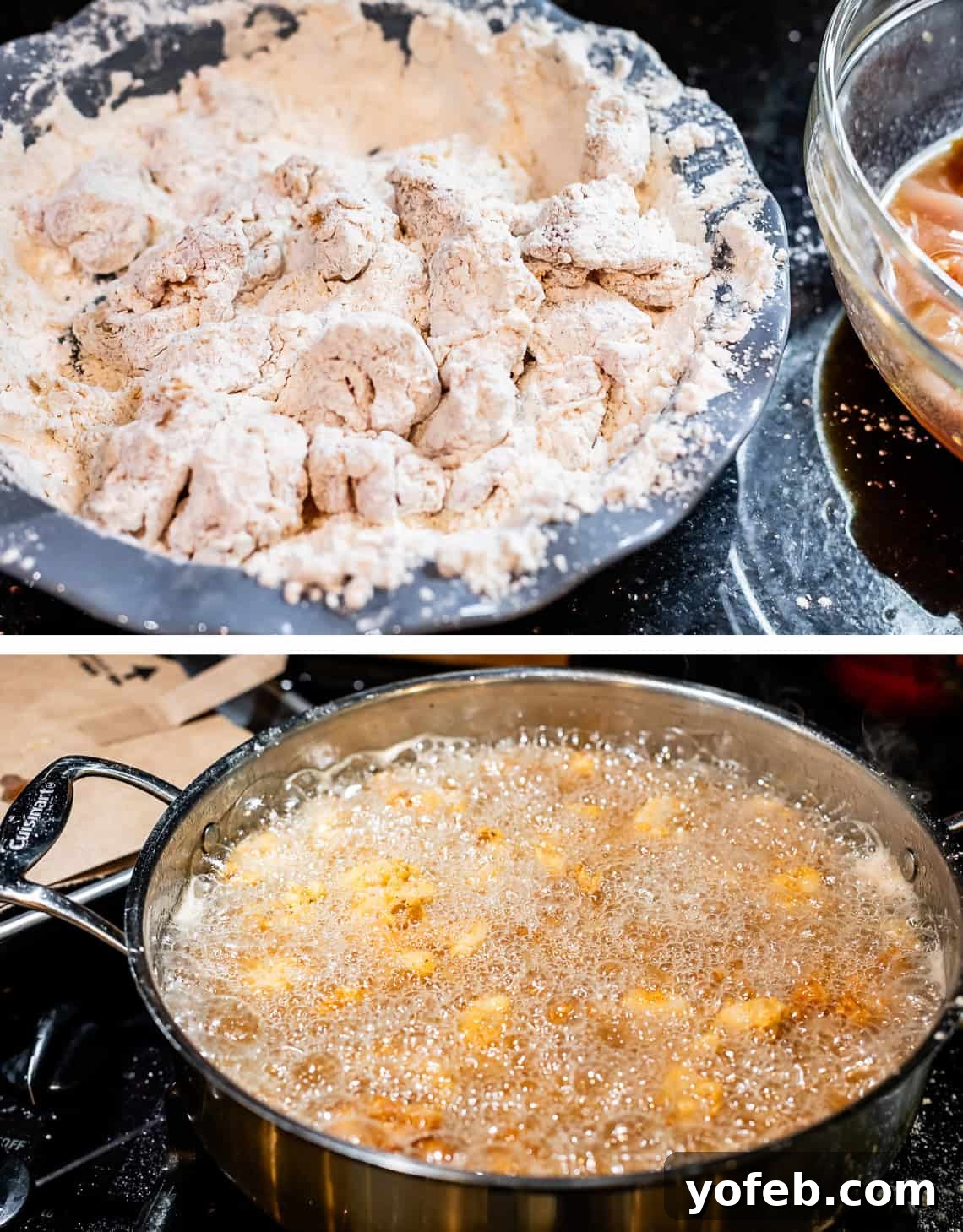 Ultimate Orange Chicken 12 Top image shows marinated chicken thoroughly coated in the flour mixture. Bottom image shows chicken pieces frying in bubbly hot oil.