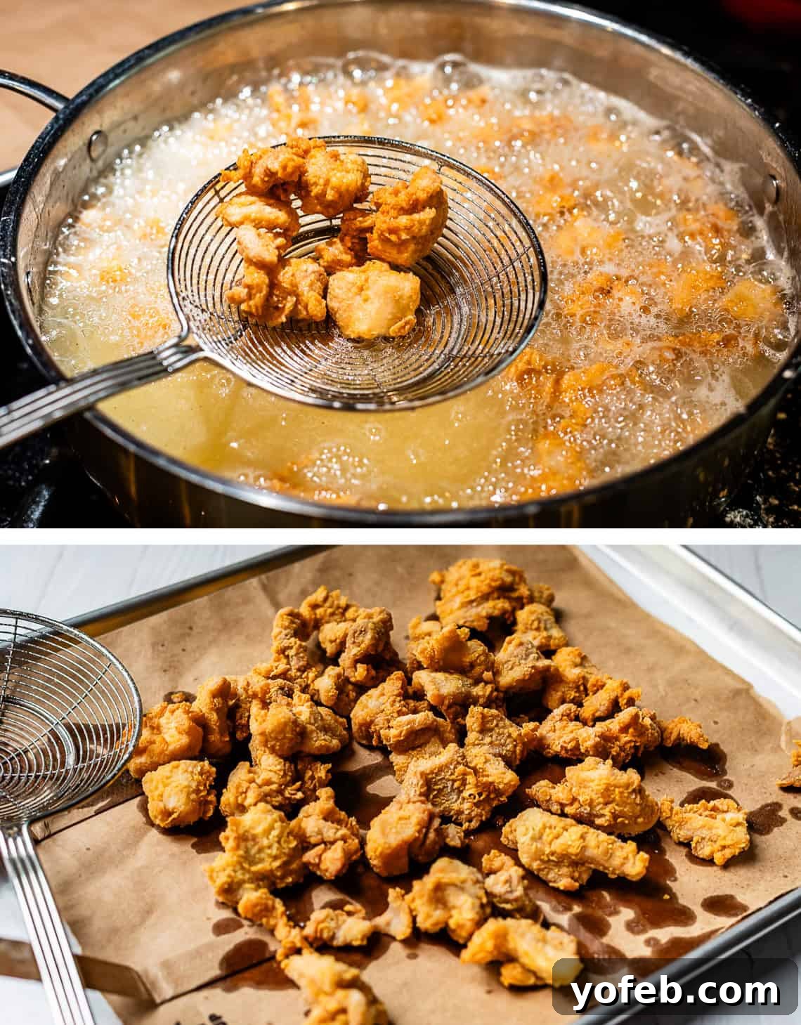 Ultimate Orange Chicken 13 Top image shows a spider spatula removing fried chicken from the skillet. Bottom image shows golden fried chicken draining on a paper bag.