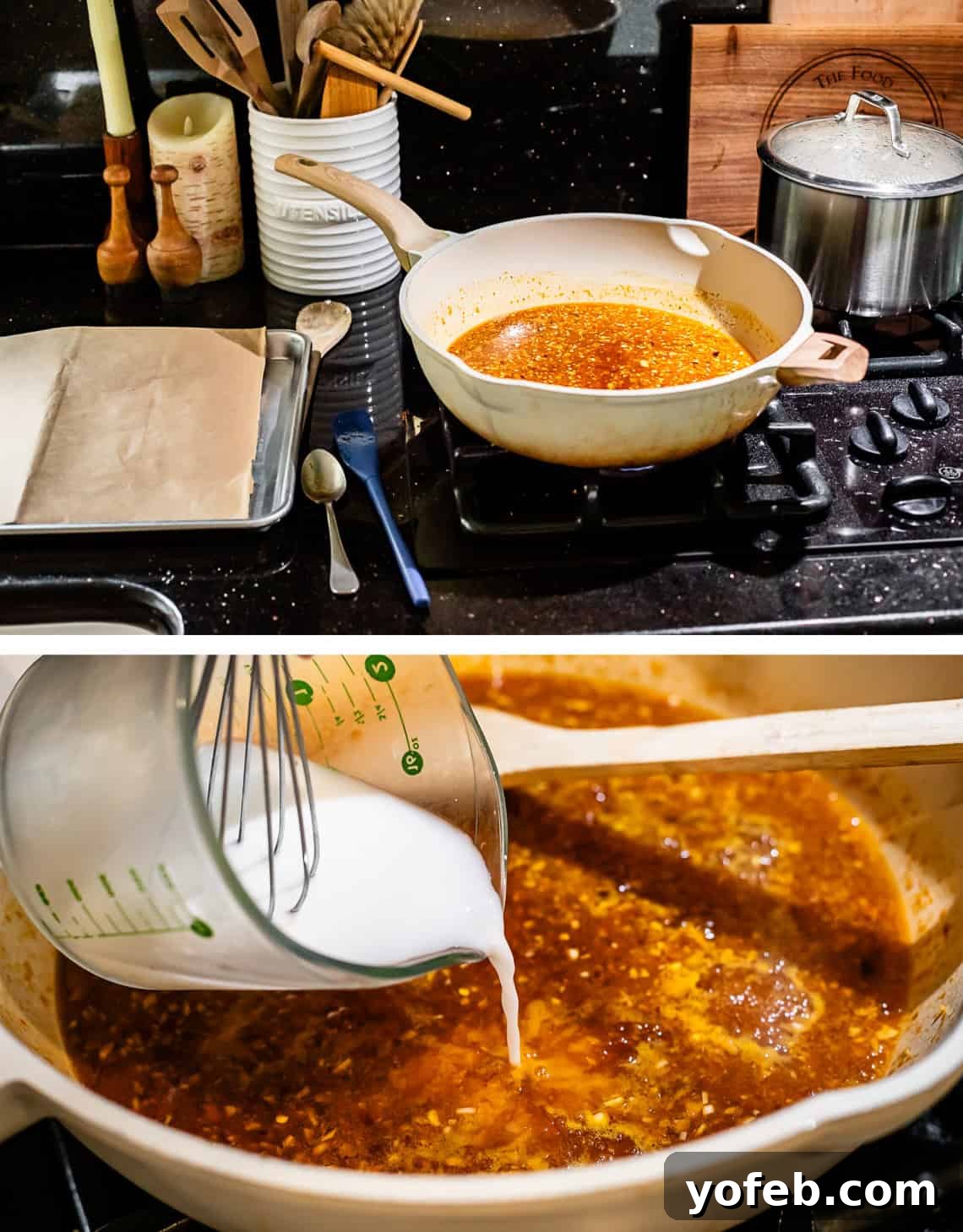 Ultimate Orange Chicken 15 Top image shows a skillet with orange sauce simmering on the burner. Bottom image shows cornstarch slurry being poured into the simmering sauce.