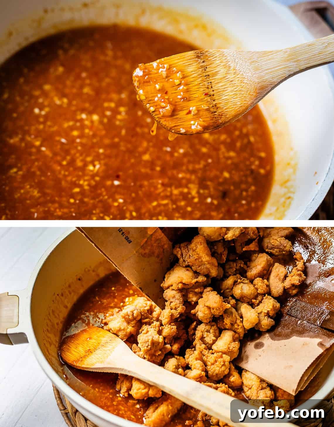 Ultimate Orange Chicken 16 Top image shows a wooden spoon demonstrating the perfect thickness of the orange sauce in the skillet. Bottom image shows crispy fried chicken being poured into the pan with the sauce.