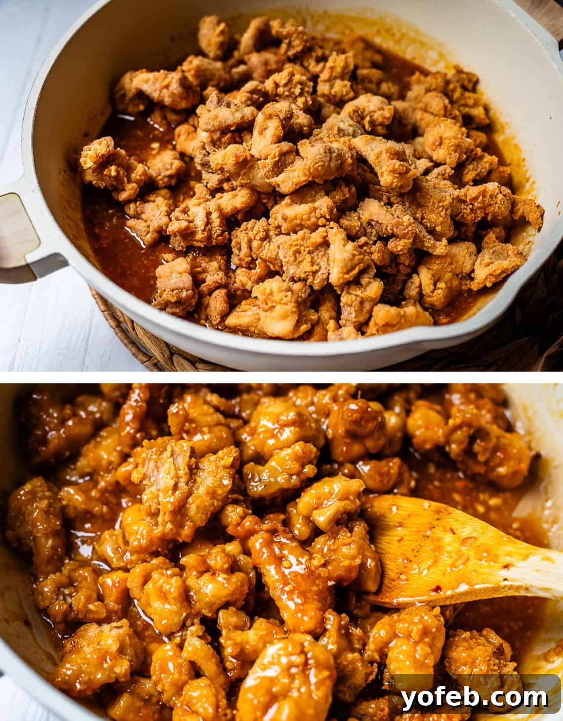 Ultimate Orange Chicken 17 Top image shows a pile of golden fried chicken resting on top of the orange sauce in a pan. Bottom image shows the chicken completely stirred and coated in the sauce.