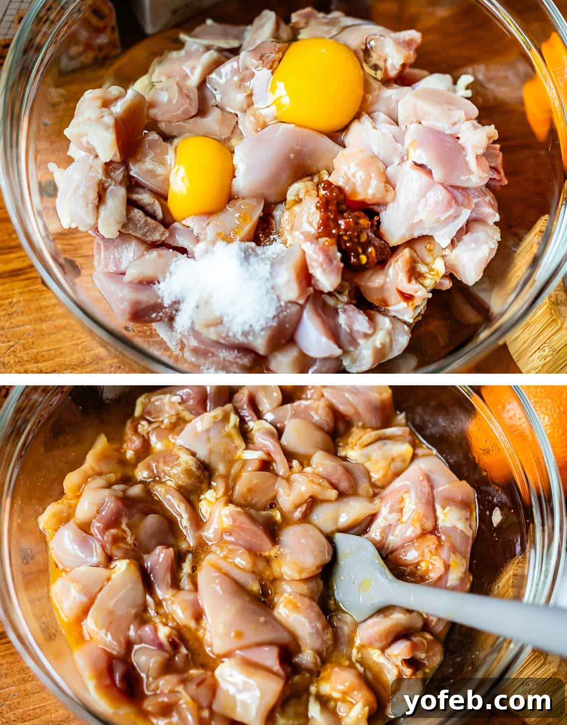 Ultimate Orange Chicken 7 Top image shows marinade ingredients spread over chicken thighs in a bowl. Bottom image shows all marinade ingredients thoroughly mixed with the chicken.