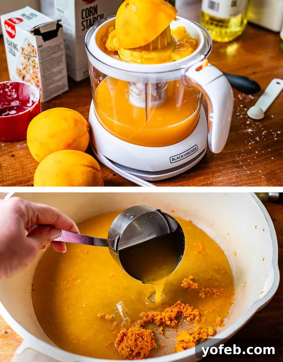 Ultimate Orange Chicken 9 Top image shows an orange half being juiced on an electric juicer. Bottom image shows fresh orange juice being poured into a skillet with other sauce ingredients.