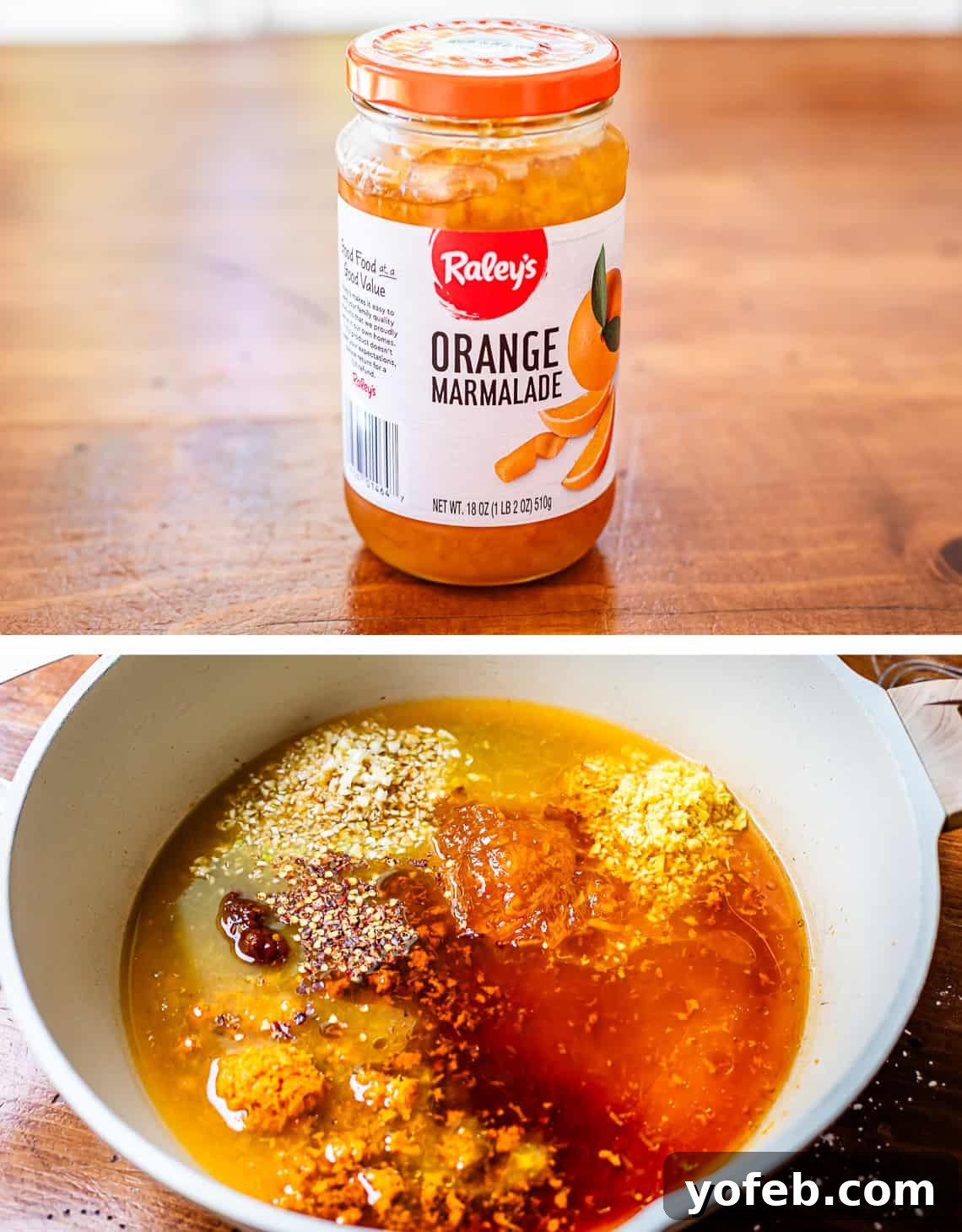 Ultimate Orange Chicken 10 Top image shows a jar of orange marmalade, highlighting the secret ingredient. Bottom image shows all sauce ingredients mixed together in a large skillet.