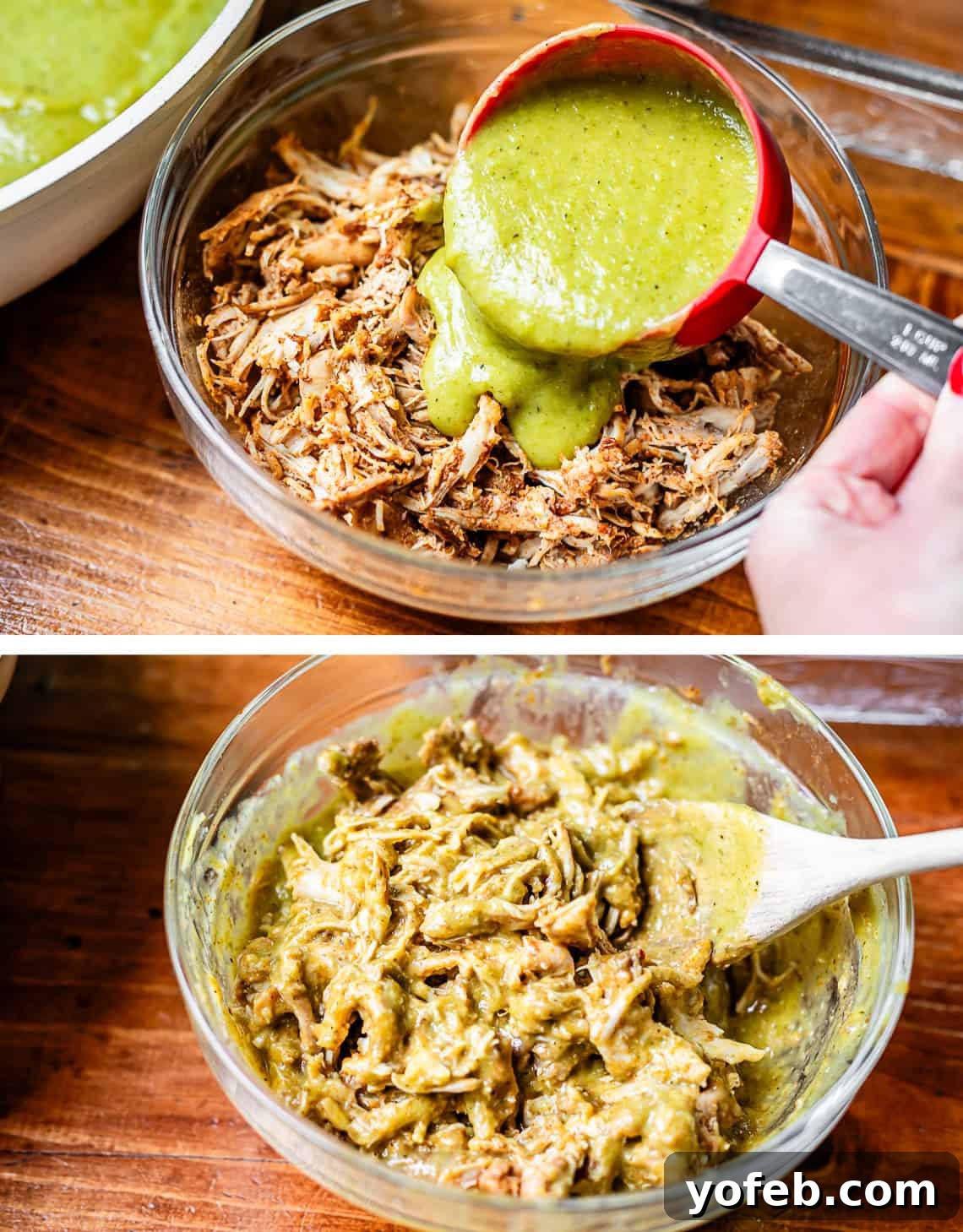 Yeni Gözdem Tavuk Enchilada 13 measuring cup pouring green enchilada sauce into bowl of chicken, bottom all stirred in.