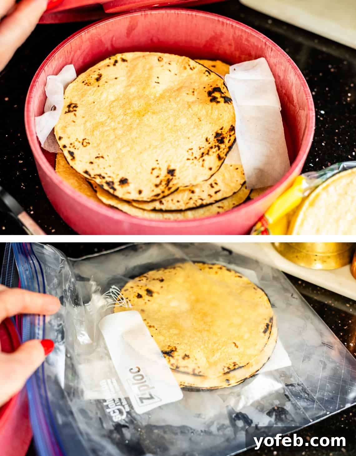 Yeni Gözdem Tavuk Enchilada 15 top: charred tortillas in a tortilla warmer, bottom: charred tortillas in a ziplock bag.