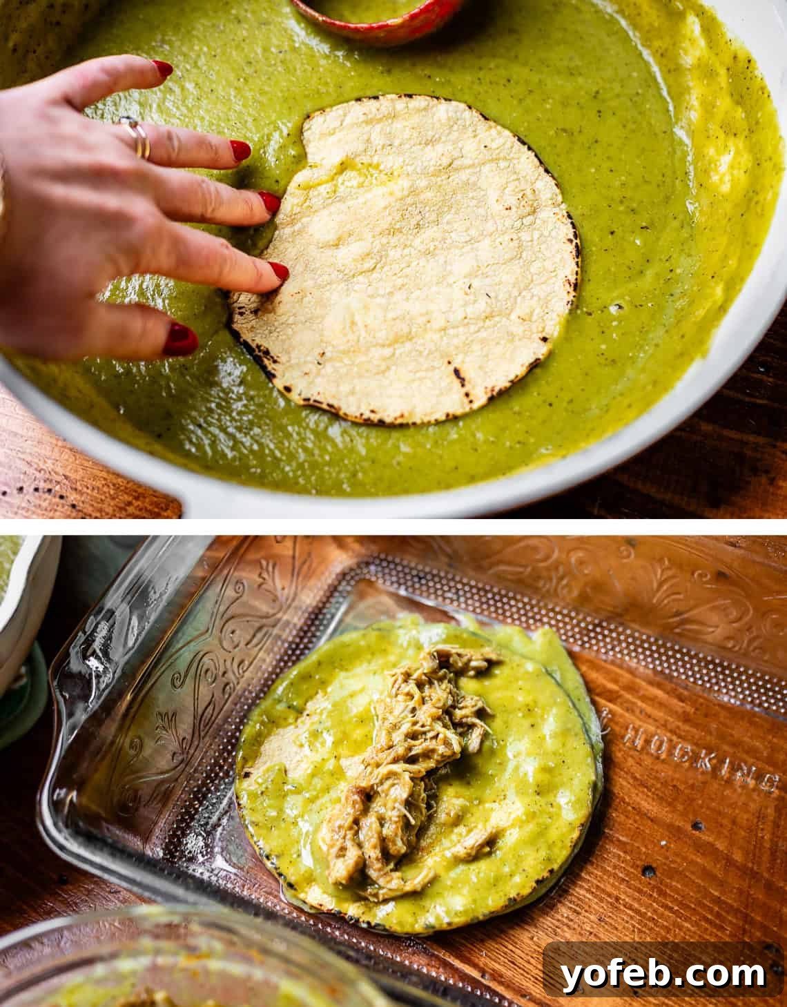 Yeni Gözdem Tavuk Enchilada 17 top: hand dipping a tortilla into sauce, bottom: coated tortilla in dish with a line of cooked chicken on top.