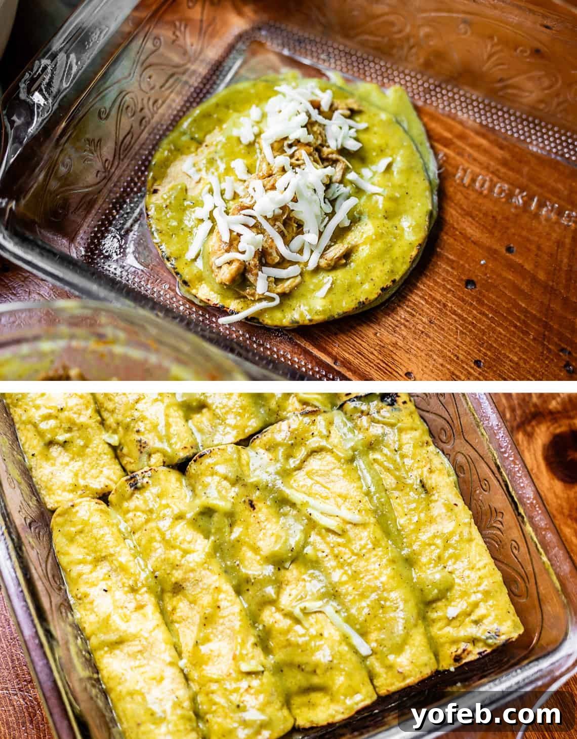Yeni Gözdem Tavuk Enchilada 18 sauce coated tortilla in dish with chicken and cheese on top; bottom: several rolled unbaked enchiladas.