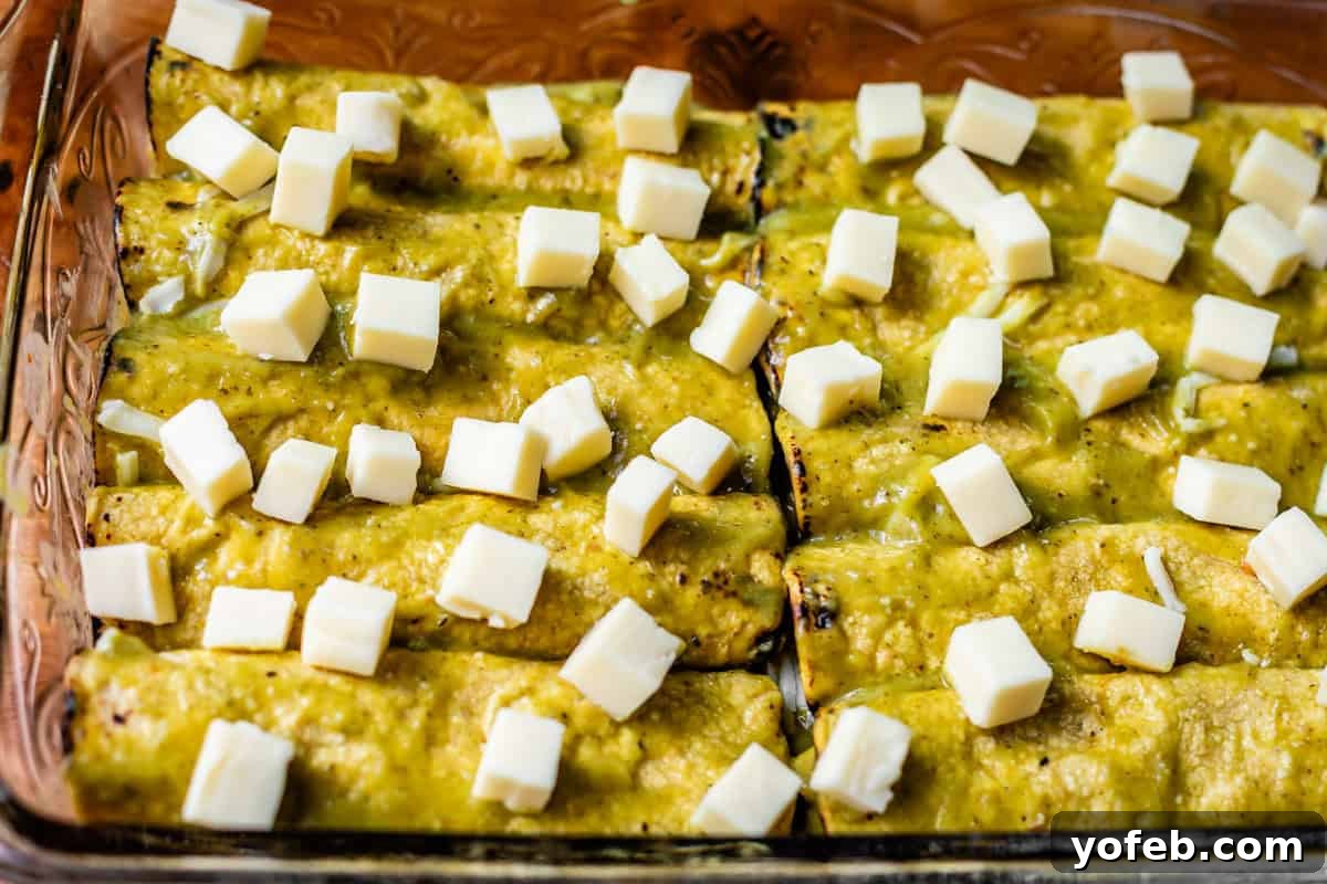 Yeni Gözdem Tavuk Enchilada 19 cubed monterey jack cheese spread on top of unbaked green chicken enchiladas in glass pan.