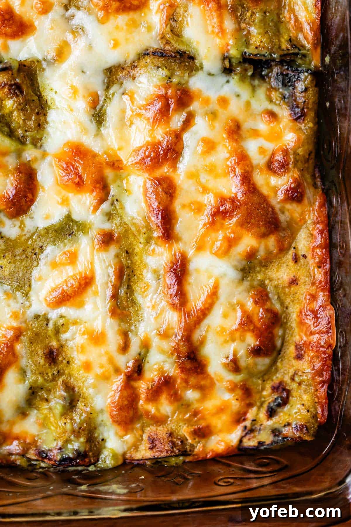 Yeni Gözdem Tavuk Enchilada 20 overhead shot of chicken enchiladas with green sauce and broiled cheese.