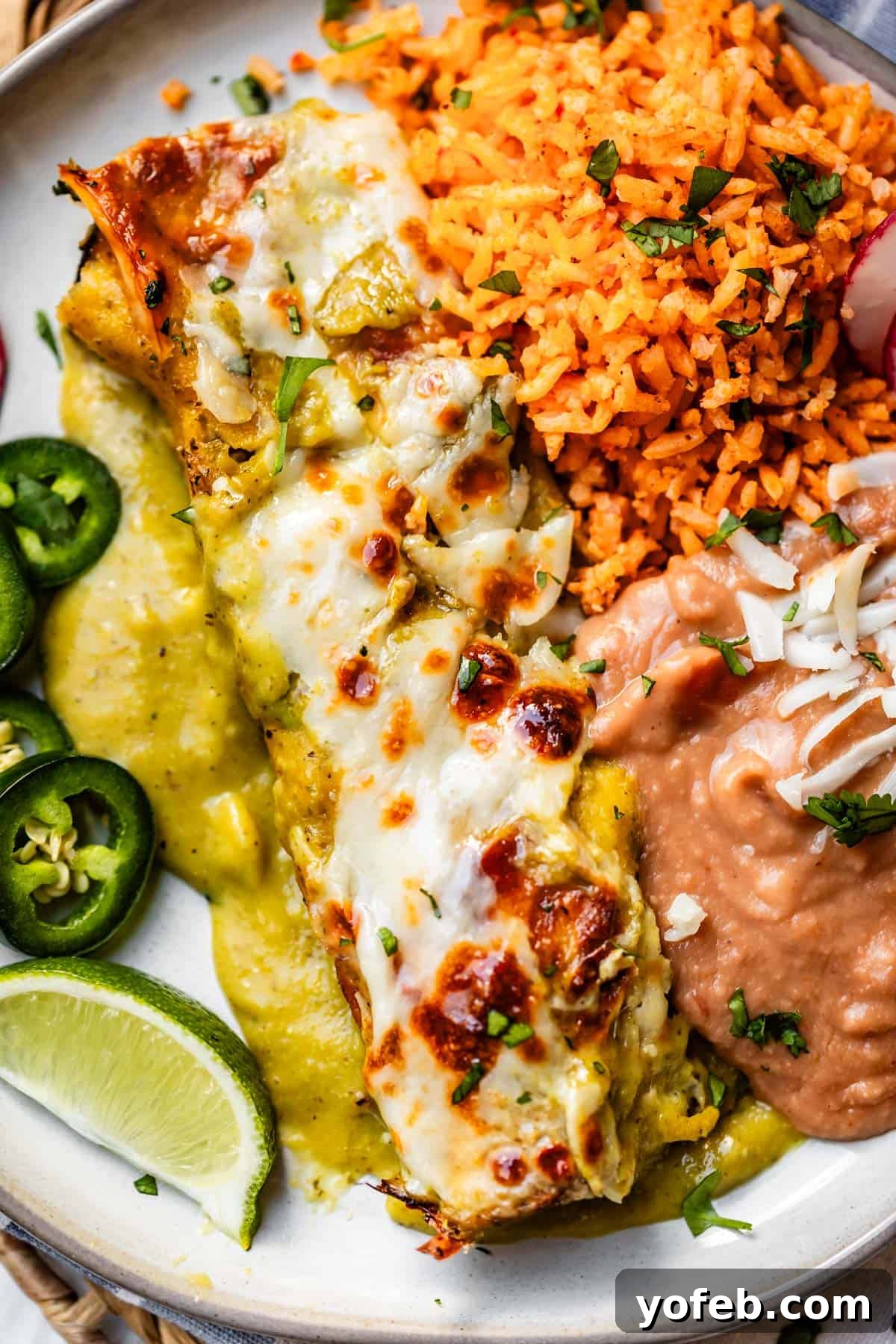 Yeni Gözdem Tavuk Enchilada 3 a plate filled with rice, beans, and chicken enchiladas with jalapeno, lime, and avocado garnish.