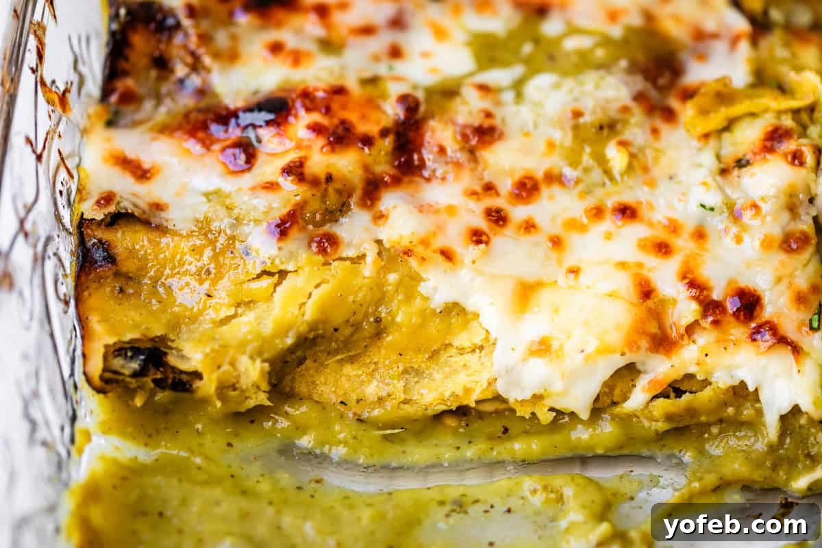 Yeni Gözdem Tavuk Enchilada 21 looking horizontally at a glass casserole dish of green sauce chicken enchiladas with some missing.