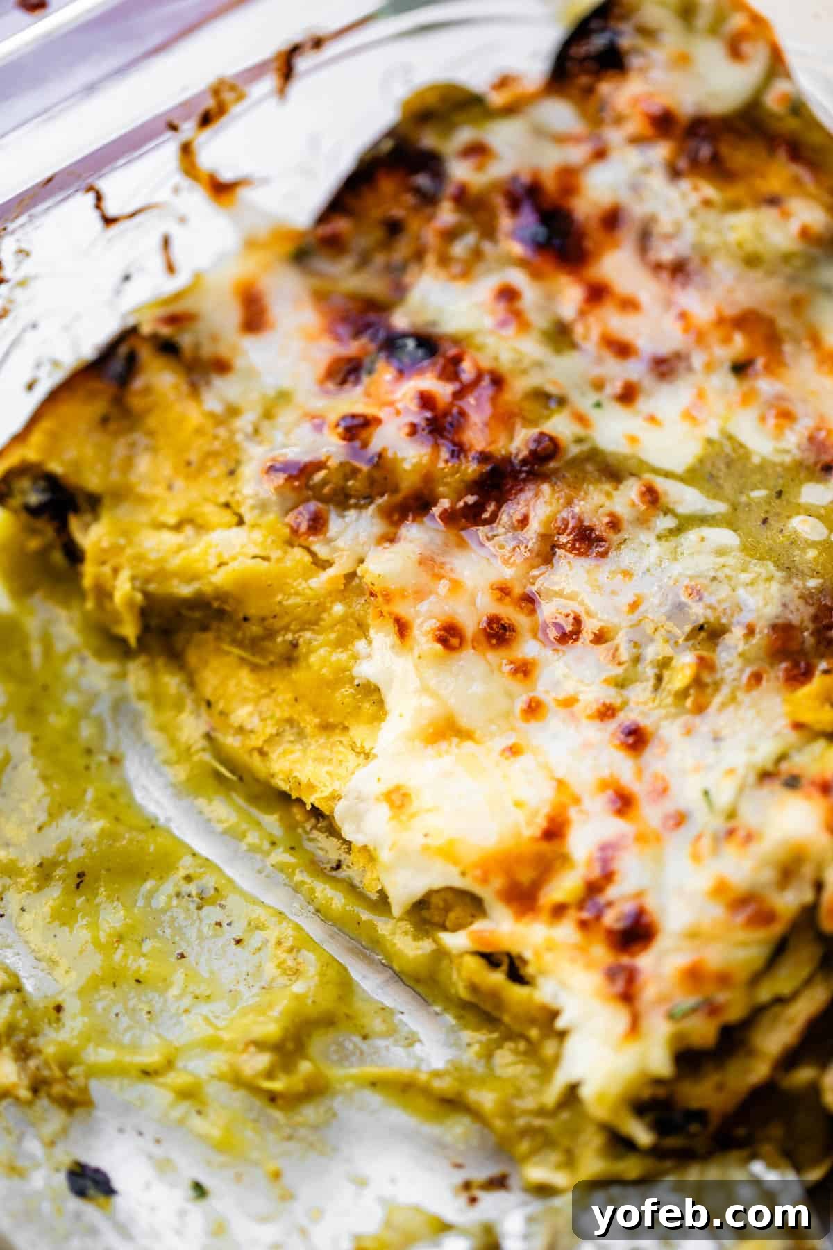 Yeni Gözdem Tavuk Enchilada 23 a glass casserole dish of green sauce chicken enchiladas with some missing.