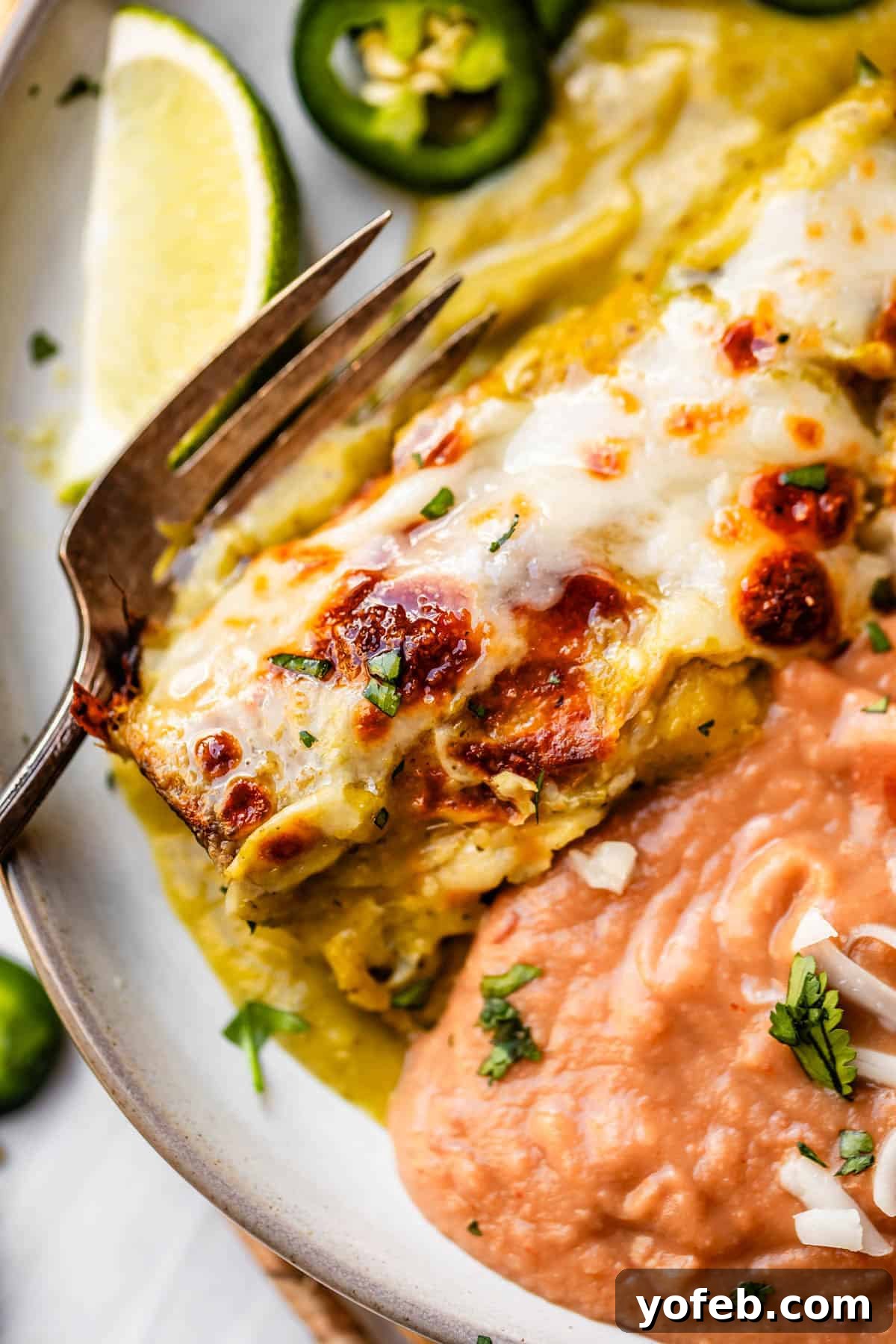 Yeni Gözdem Tavuk Enchilada 4 a plate of chicken enchiladas in green sauce on a plate with refried beans and a fork.