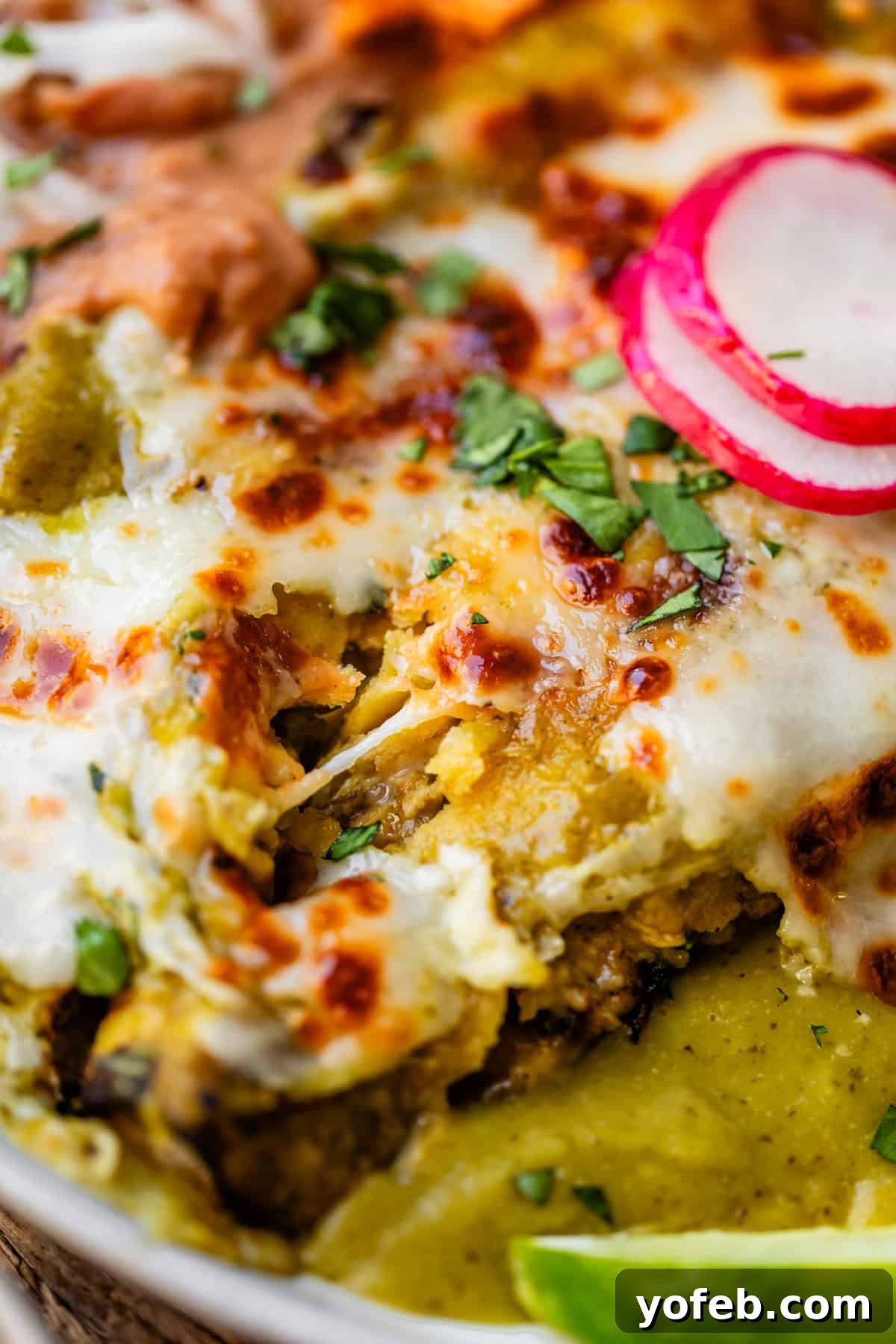 Yeni Gözdem Tavuk Enchilada 6 close up of green chicken enchiladas on a plate showing cheese stretch.