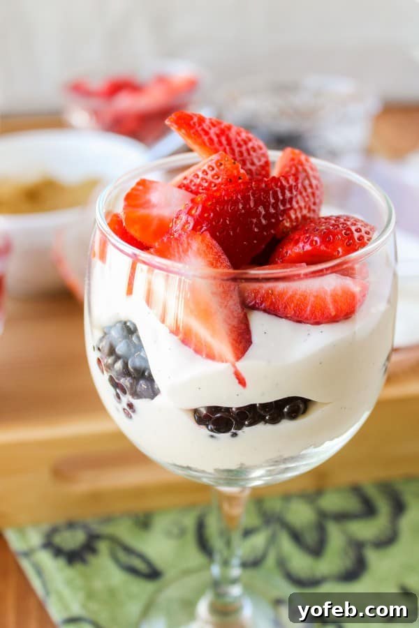 Effortless Cheesecake Parfait Station 2 Delicious layers of no-bake cheesecake, graham cracker crumbs, and vibrant fruit toppings in a parfait glass
