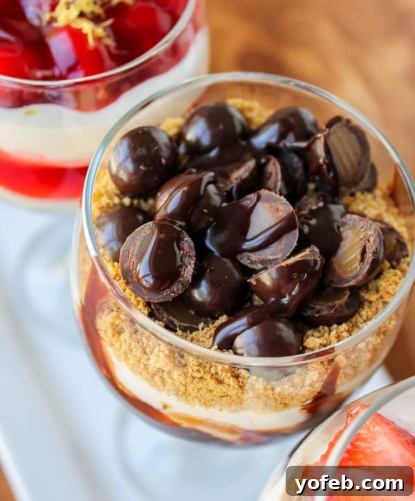 Effortless Cheesecake Parfait Station 10 A parfait glass filled with no-bake cheesecake, caramel, and chocolate-covered butterscotch caramels